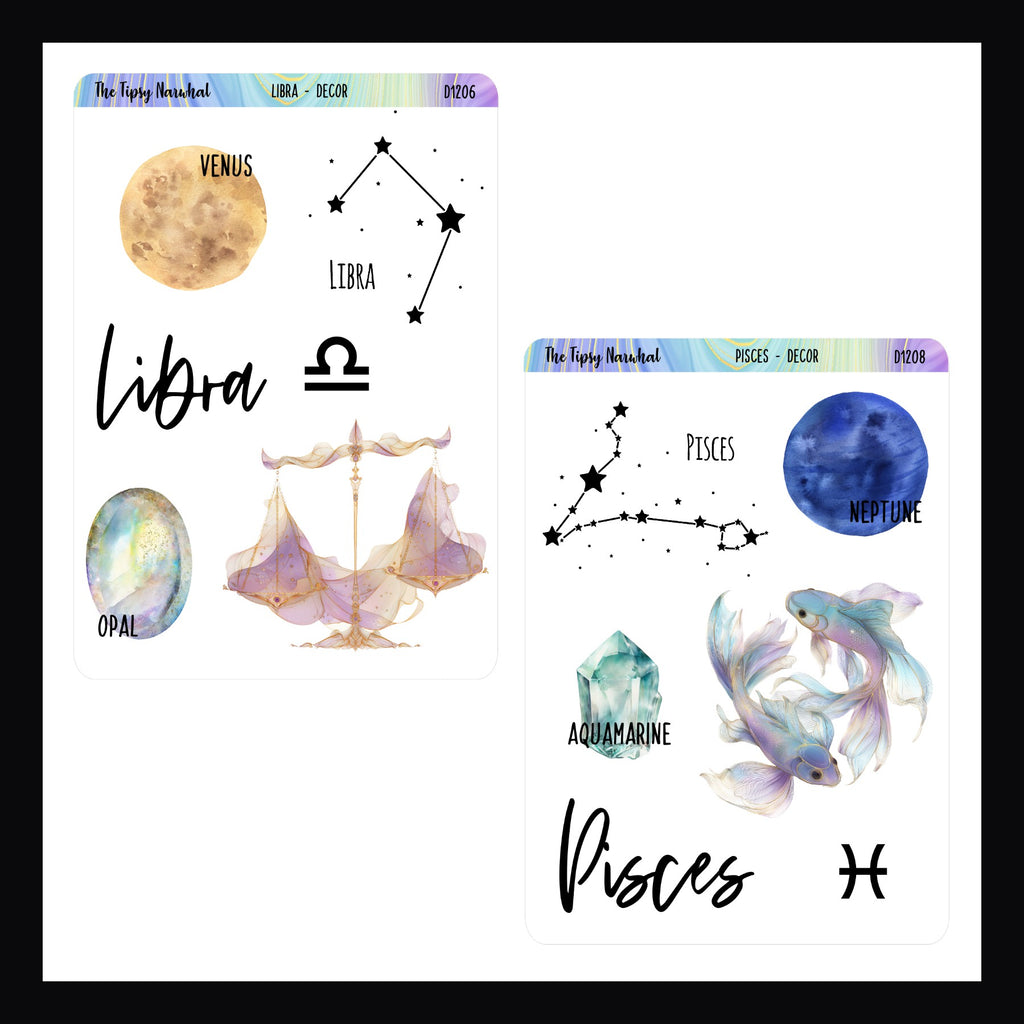 Zodiac themed stickers featuring Libra and Pisces designs on a white background.