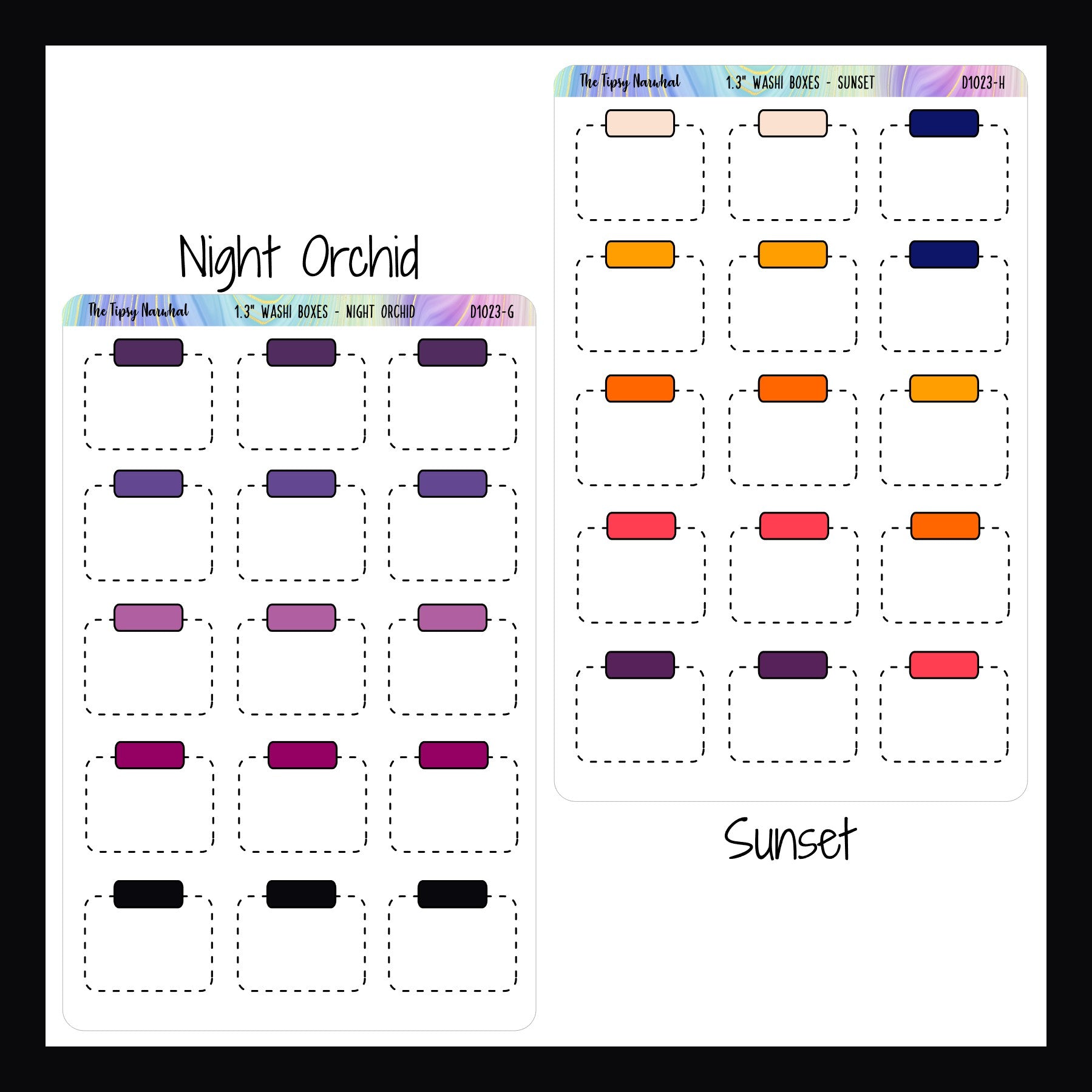 Functional Stickers - 1.3 Inch Washi Boxes night orchid and sunset variants shown on a white background