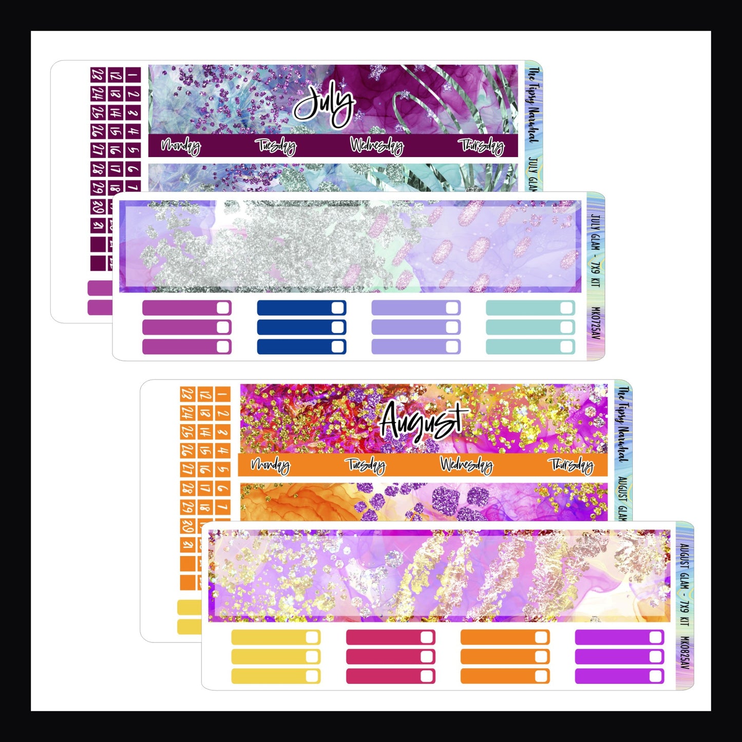 July and August 2025 Glam Monthly Kits for 7x9 vertical planners.  July features a color palette of blues, bright violet and lilac with silver accents.  August features electric oranges, yellows, reds and violets with gold and violet glitter accents. 