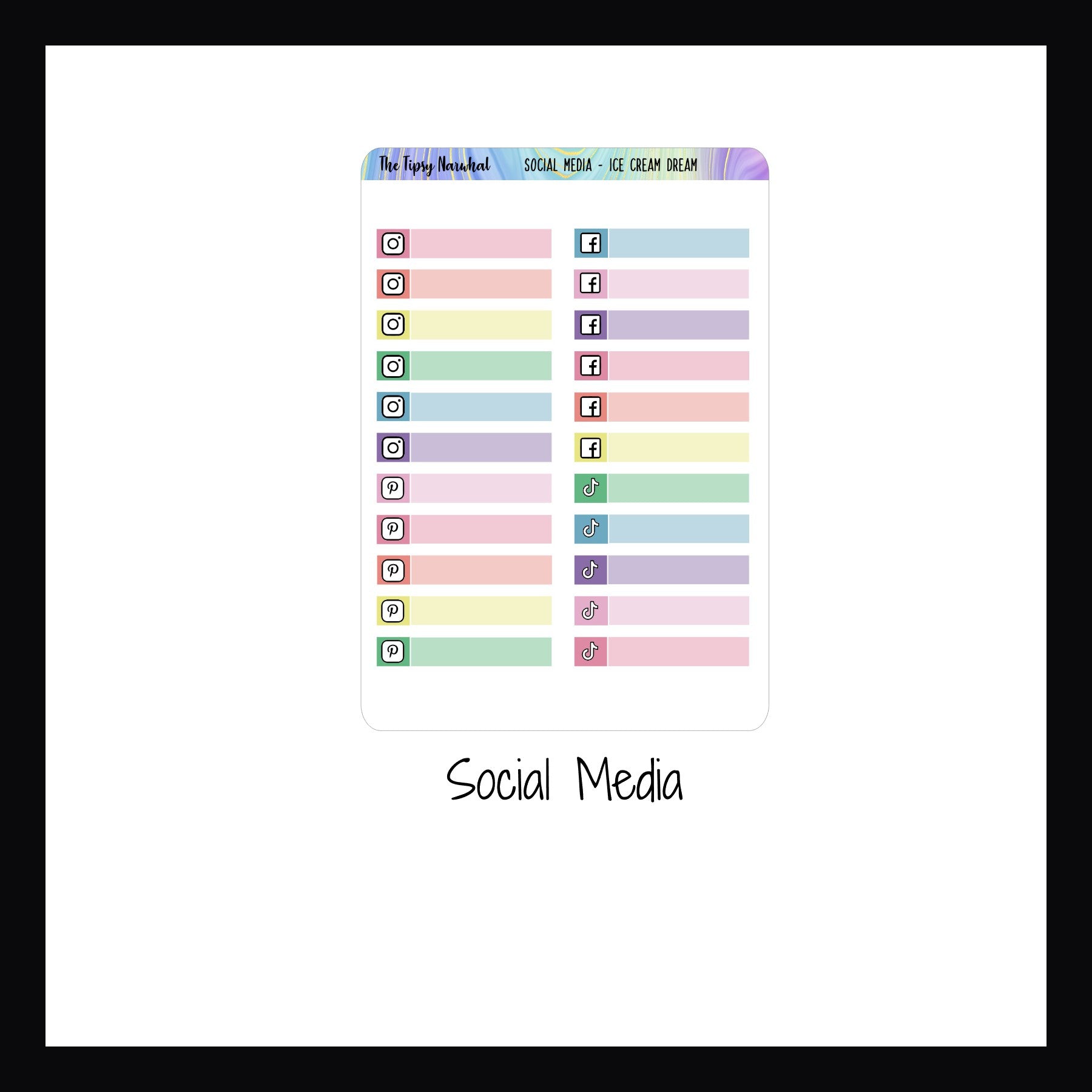 Ice Cream Dreams Kit Matching Functionals Social Media sheet is a collection of 22 skinny sticker each featuring an icon for a popular social media platform. 