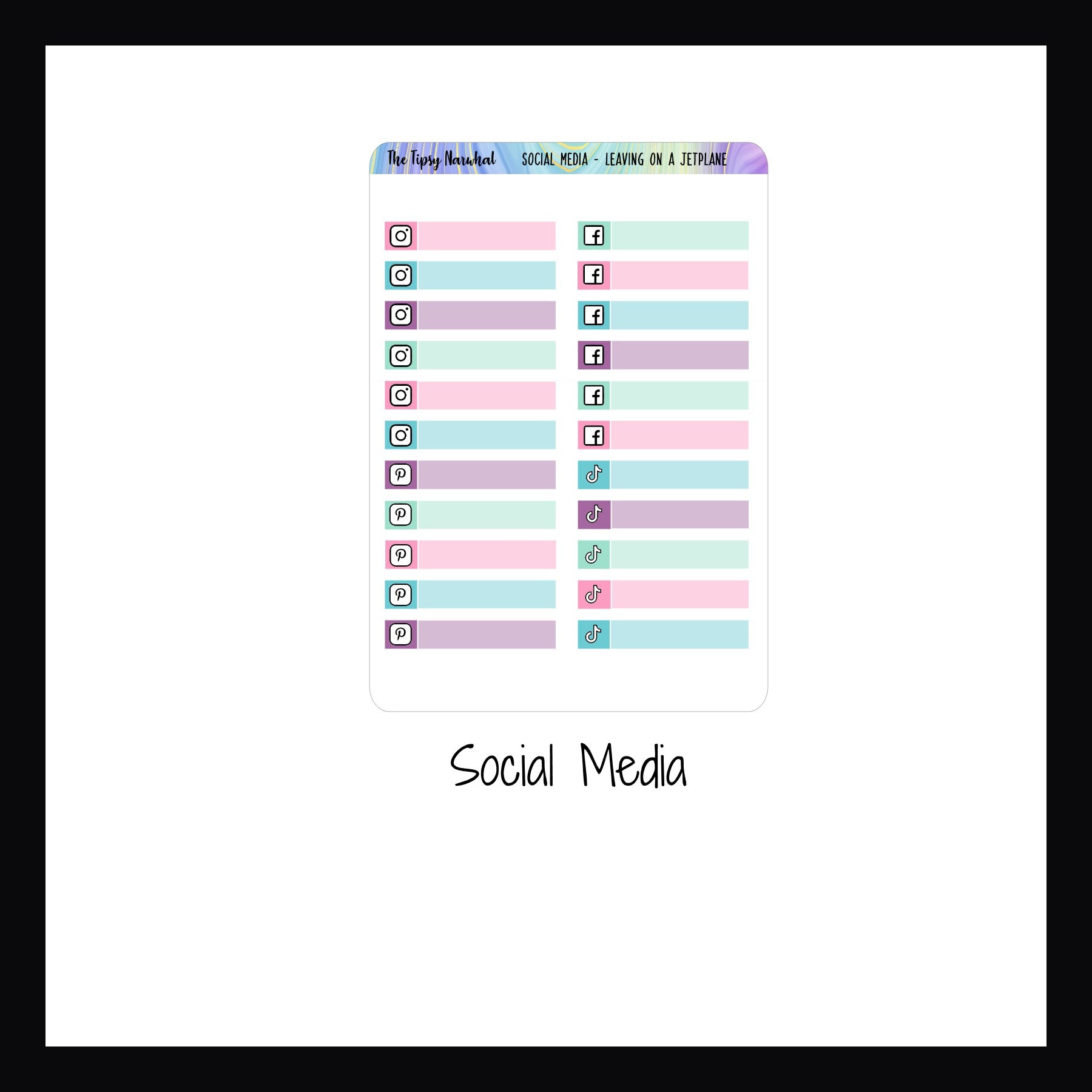 Leaving on a Jet Plane Functionals the Social Media sheet features 22 skinny format stickers with social media icons for 4 popular platforms and space to write in a note regarding the post. 