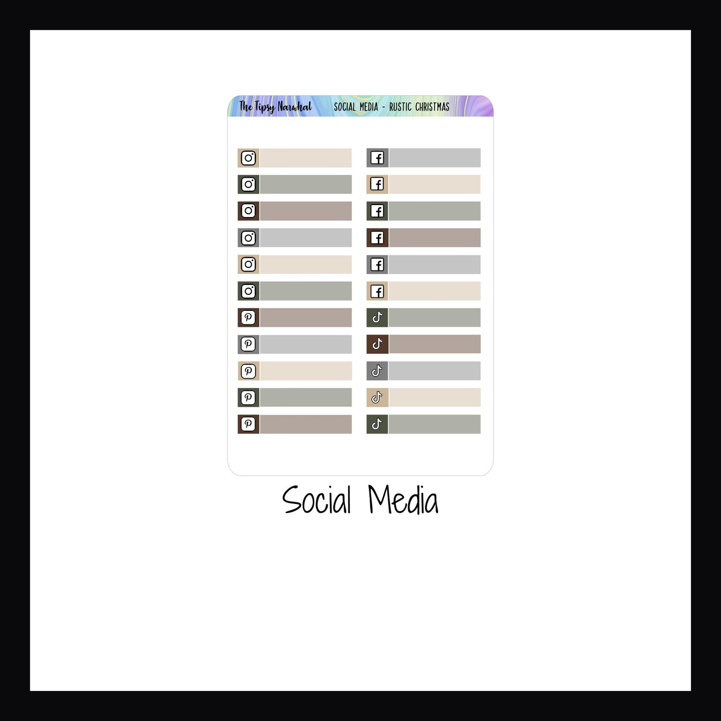 Rustic Christmas Kit Matching Functionals Social Media Sheet features 22 different stickers to track posts on major platforms including Instagram, Facebook, TikTok and Pinterest. 