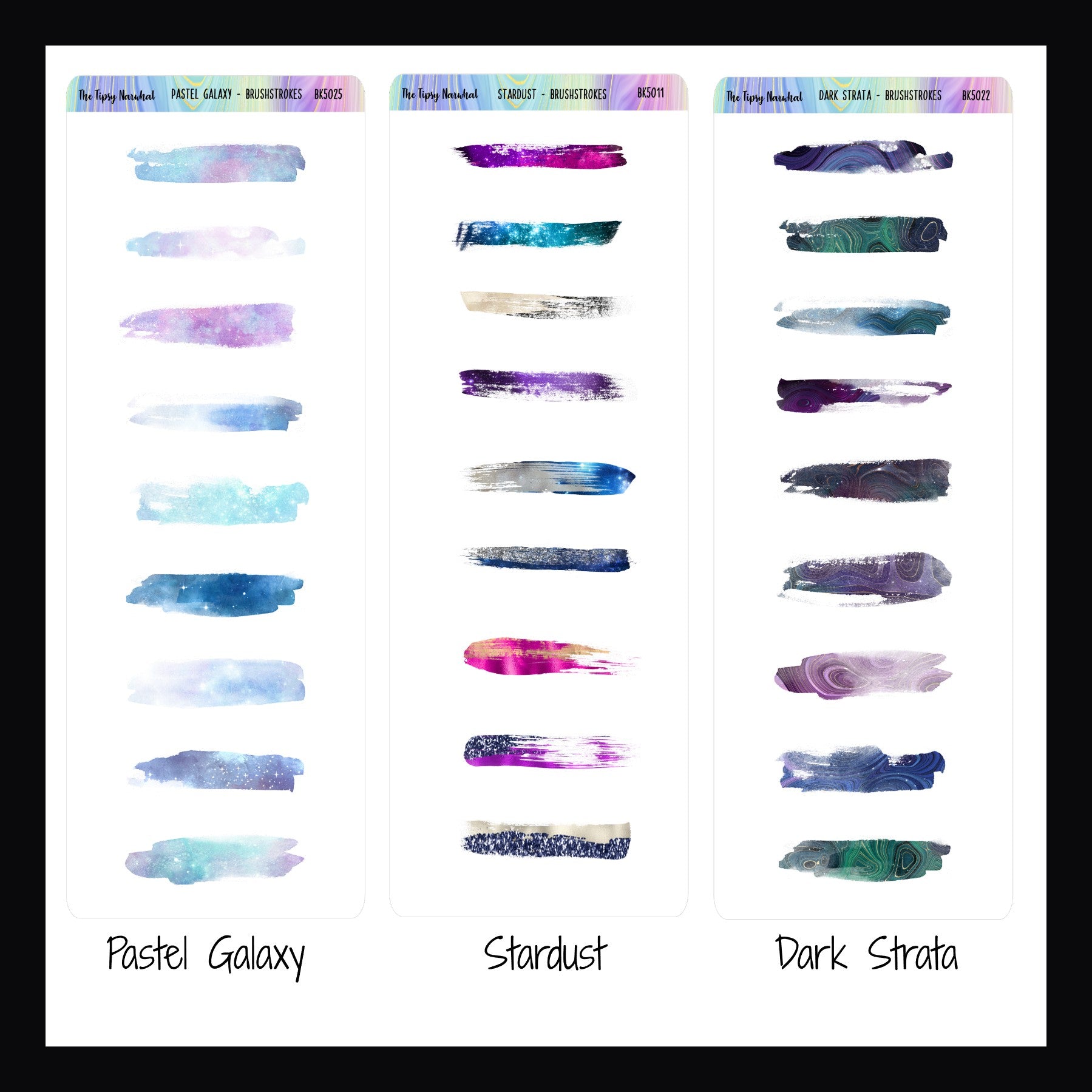 Brushstroke stickers labeled 'Pastel Galaxy', 'Stardust', and 'Dark Strata' on a white background.