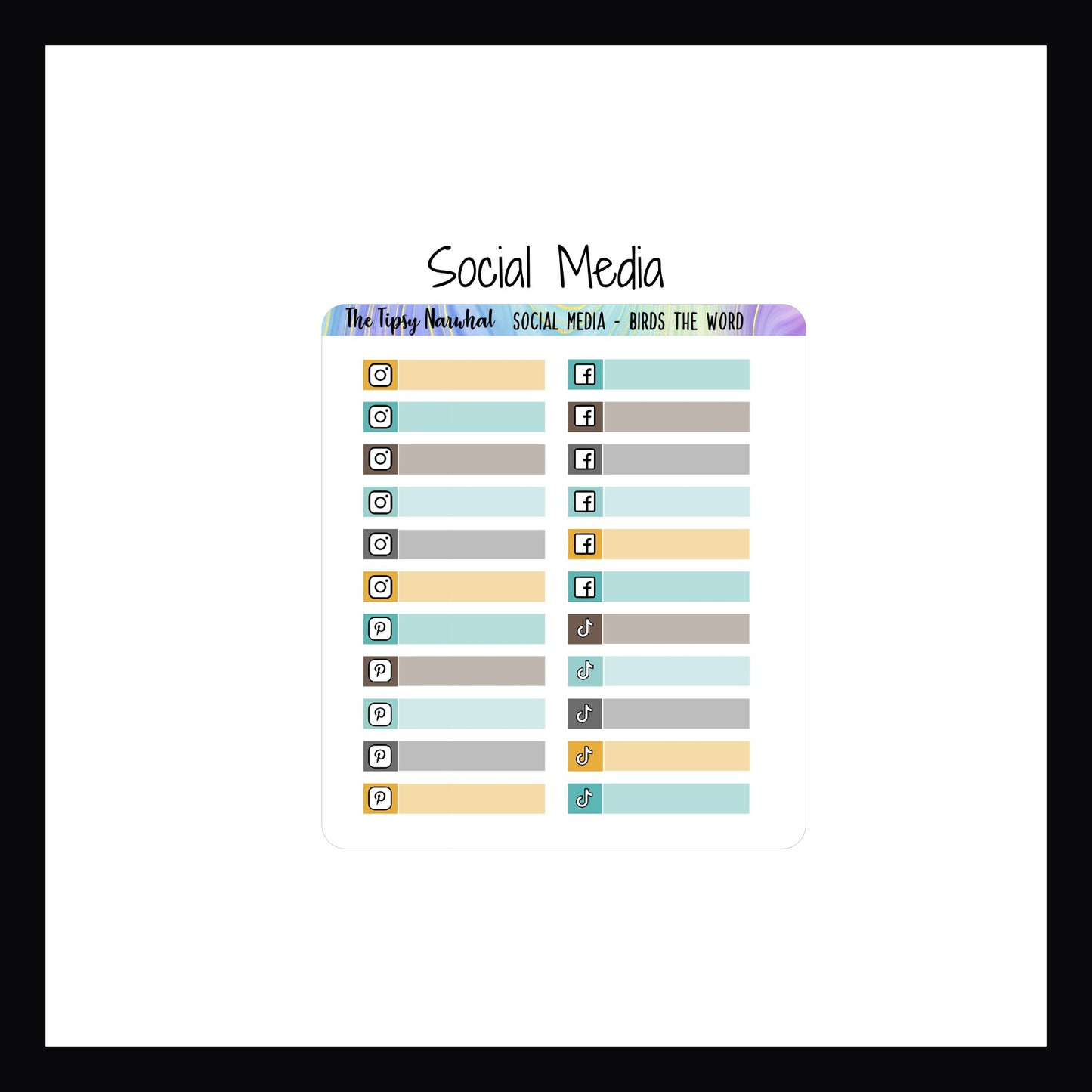 Birds the Word Kit Matching Functionals Social Media sheet features 22 skinny stickers each featuring a social media platform's icon. 