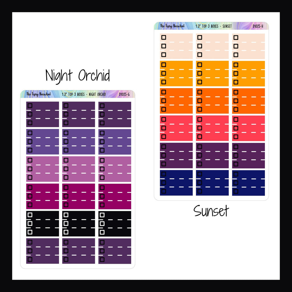 Functional Stickers - 1.3 Inch Top 3, night orchid and sunset variants shown