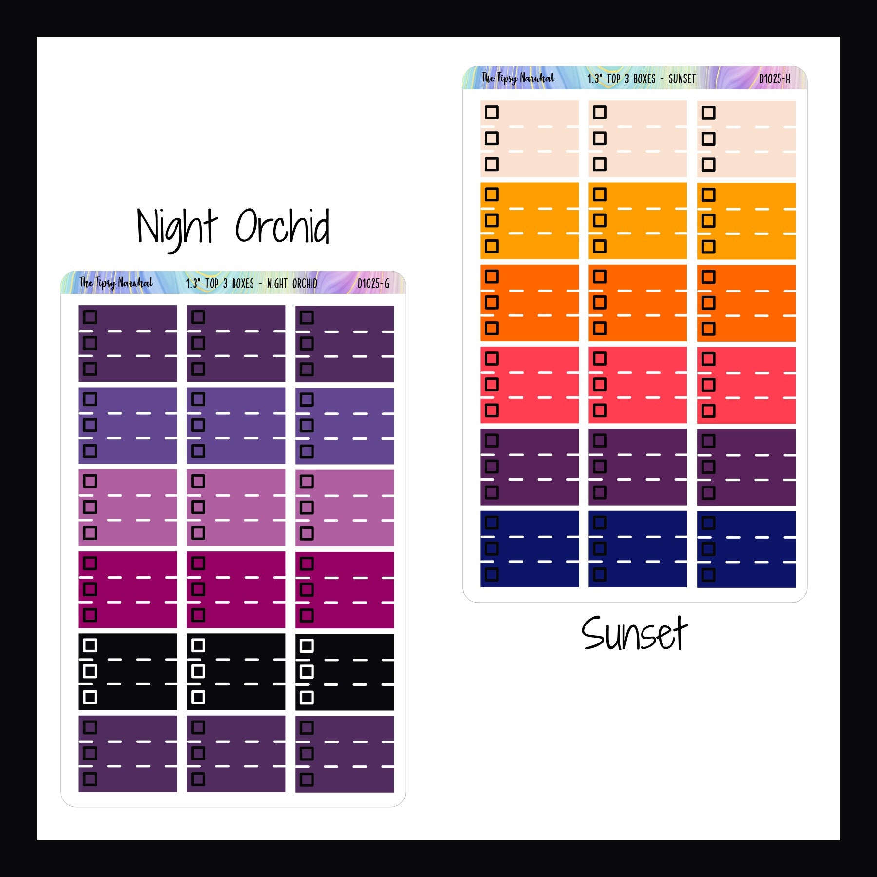 Functional Stickers - 1.3 Inch Top 3, night orchid and sunset variants shown