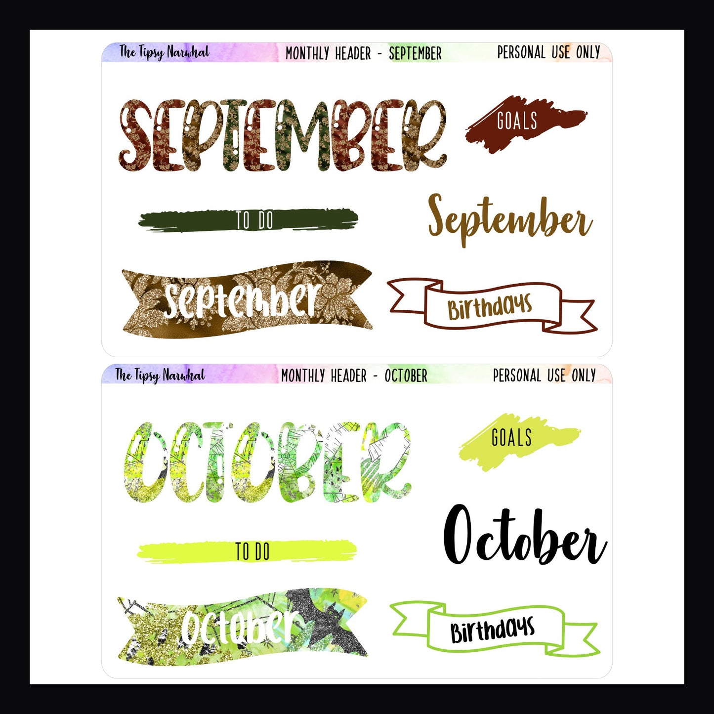 September title sheet, October title sheet, monthly titles, to dos, goals, birthdays, flags, scribbles, bubble letters