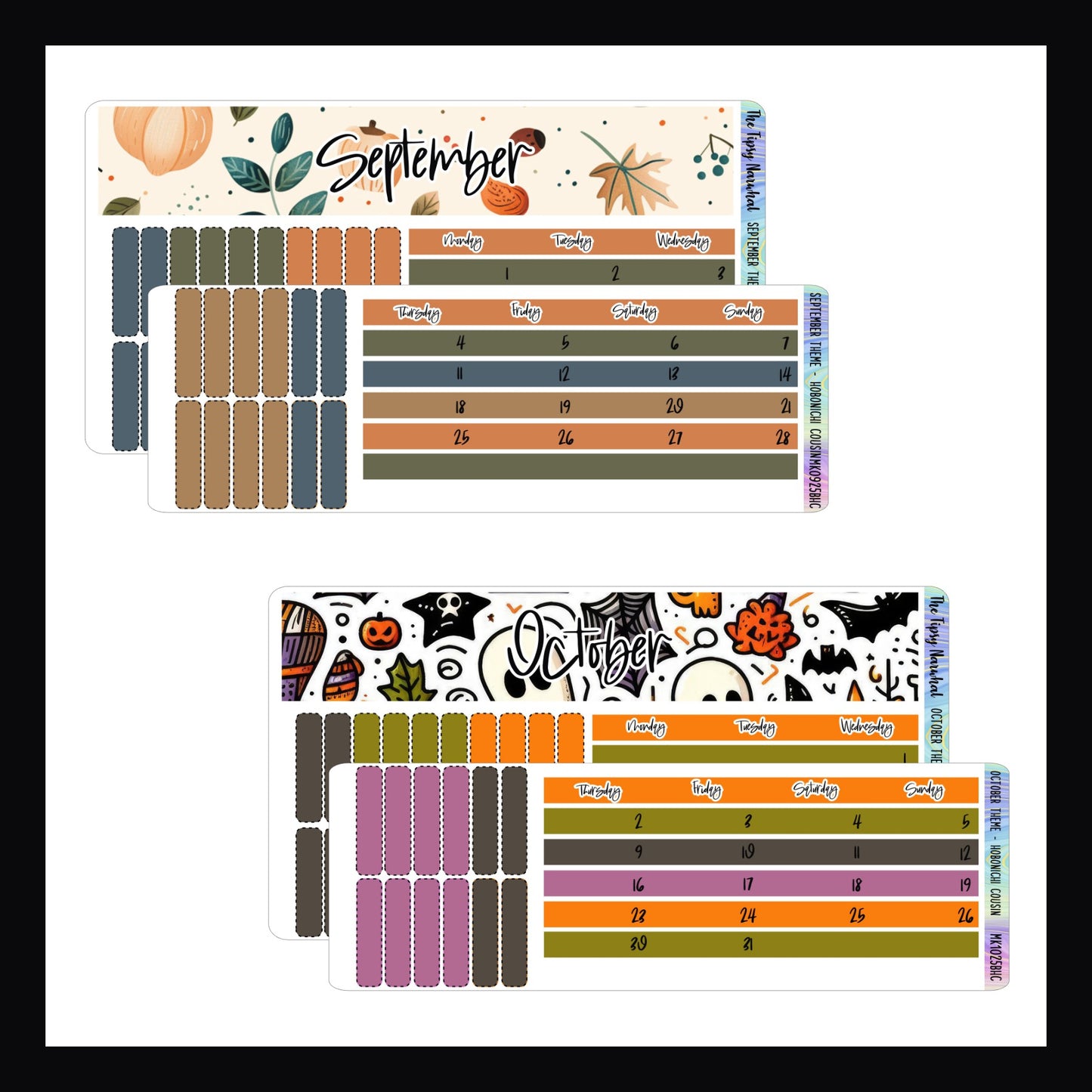 September and October 225 Themed Monthly Kits.  September features a warm fall theme with pumpkins and leaves.  It's done in an orange, green and blue color palette.  October features a Halloween doodle theme with bright orange, green and purple colors. 