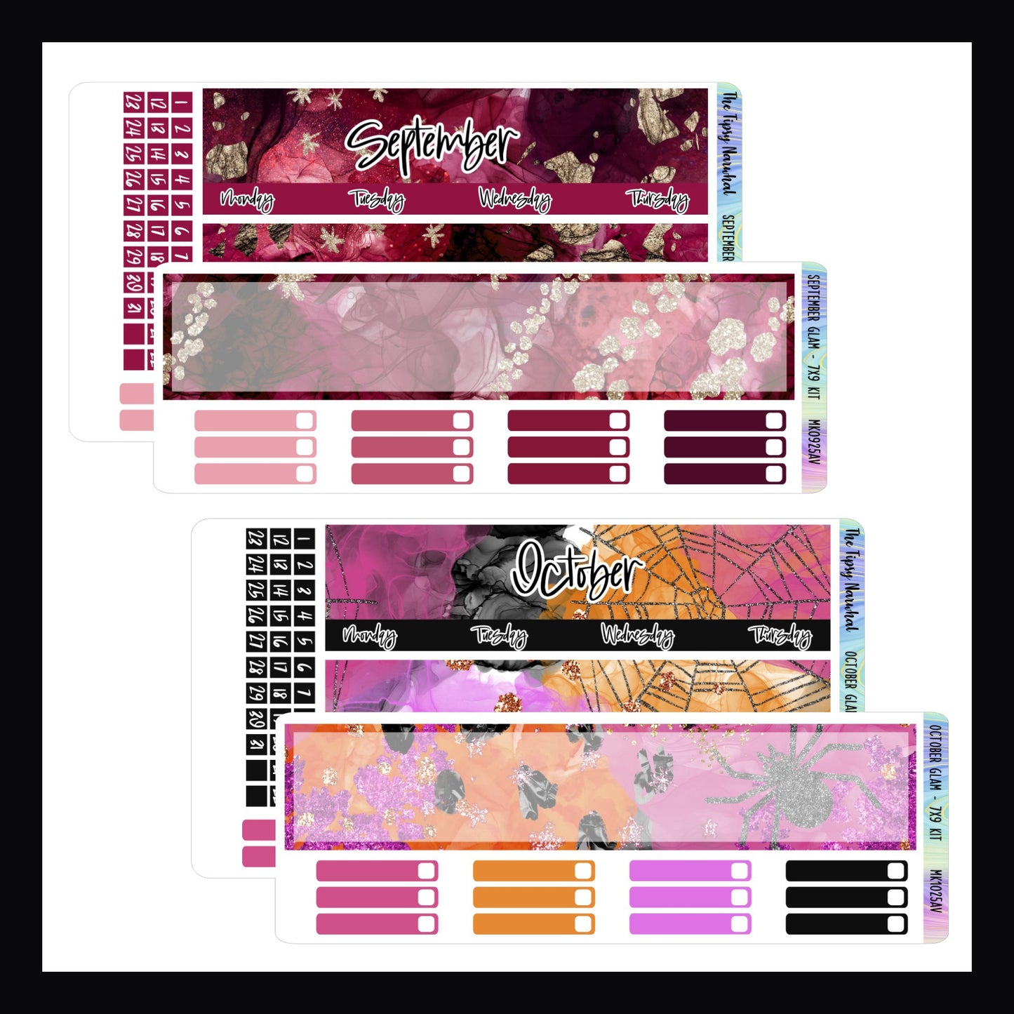 September and October 2025 Glam Monthly Kits for 7x9 vertical planners.  September features a deep red color palette with accents of gold.  October features pink black and orange colors with black glitter accents. 