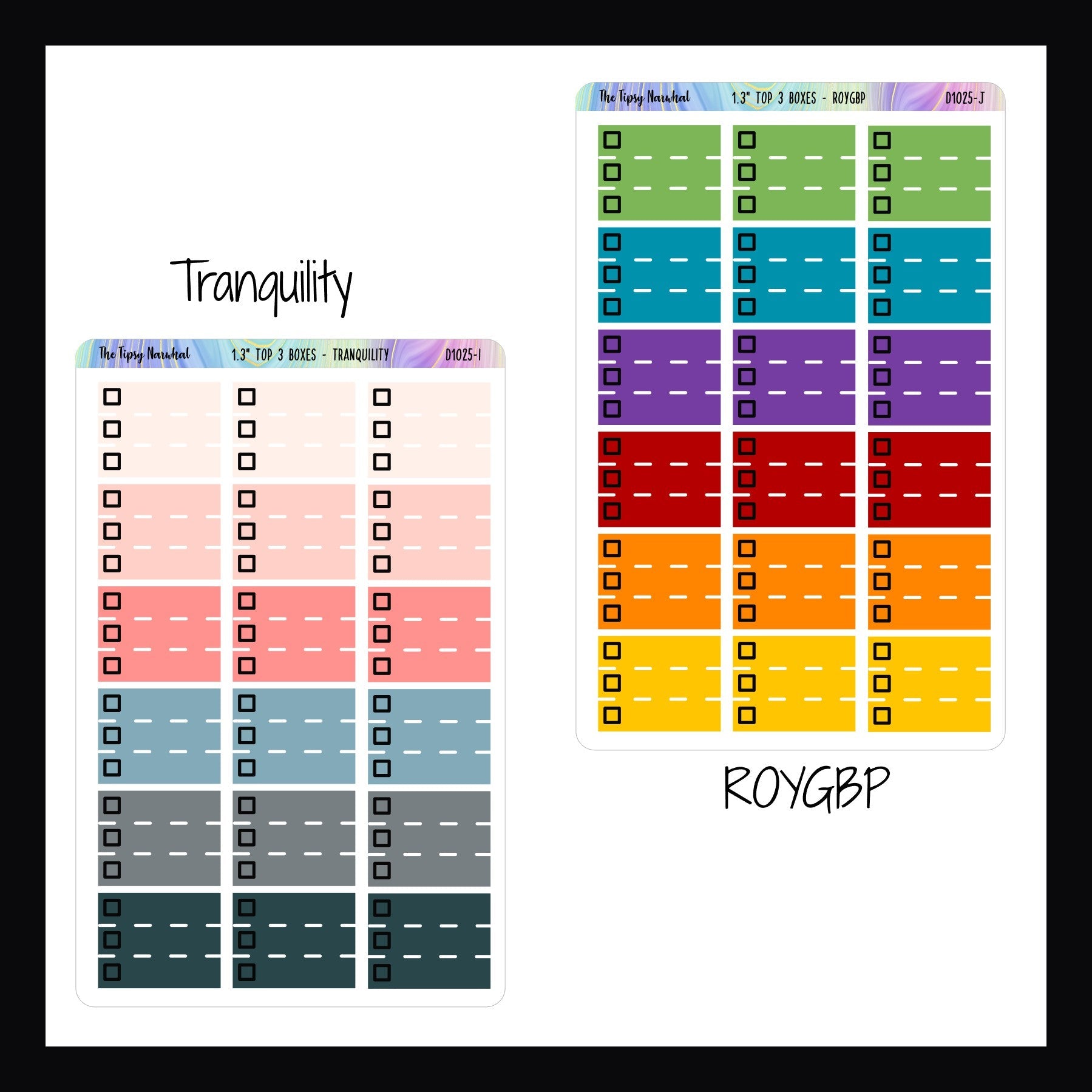 Functional Stickers - 1.3 Inch Top 3, tranquility and ROYGBP variants shown