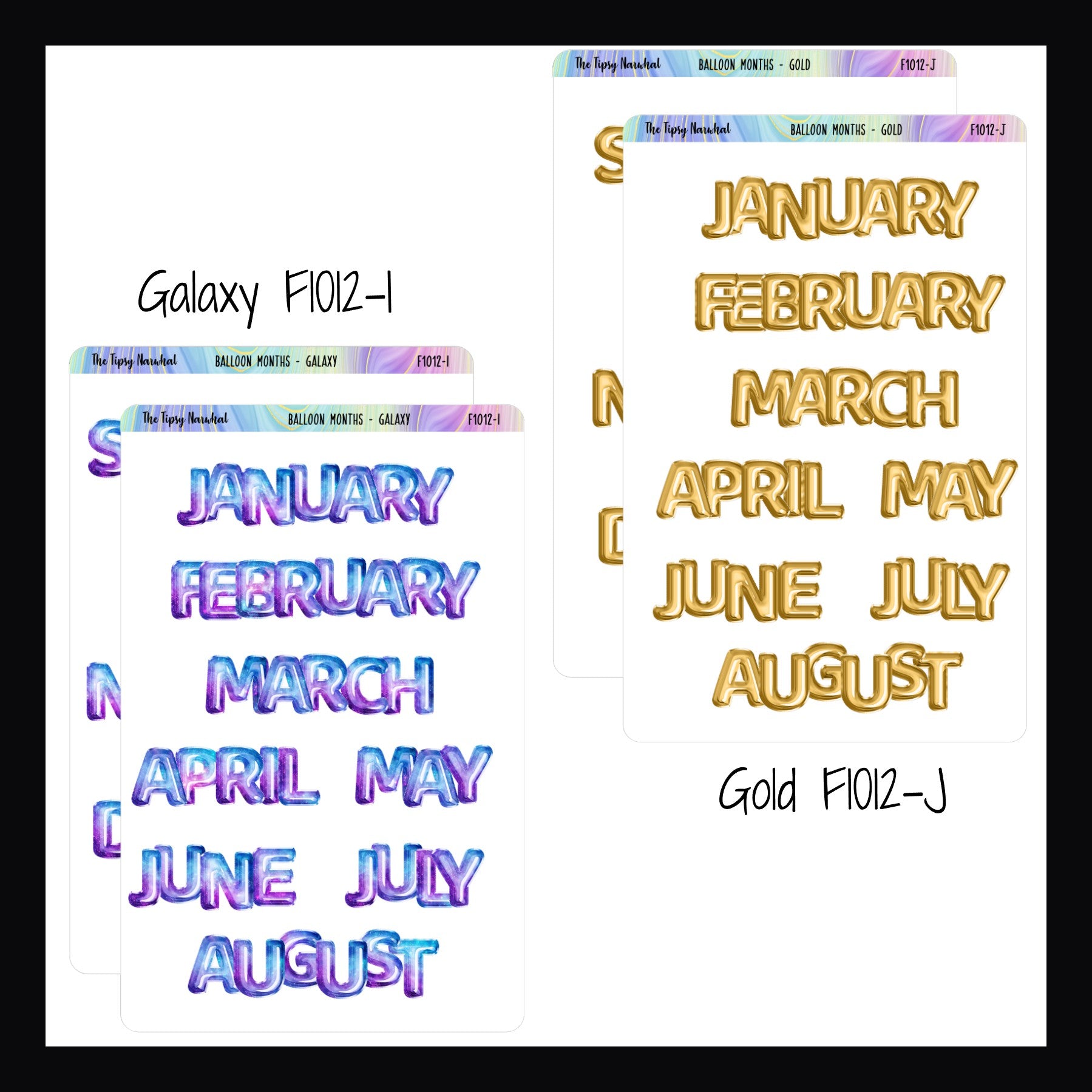 Large Monthly Balloon Headers in Galaxy and Gold.