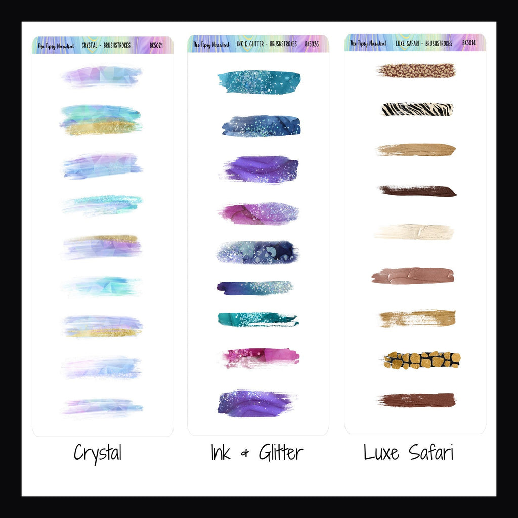 Brushstroke stickers labeled 'Crystal', 'Ink & Glitter', and 'Luxe Safari' on a white background.