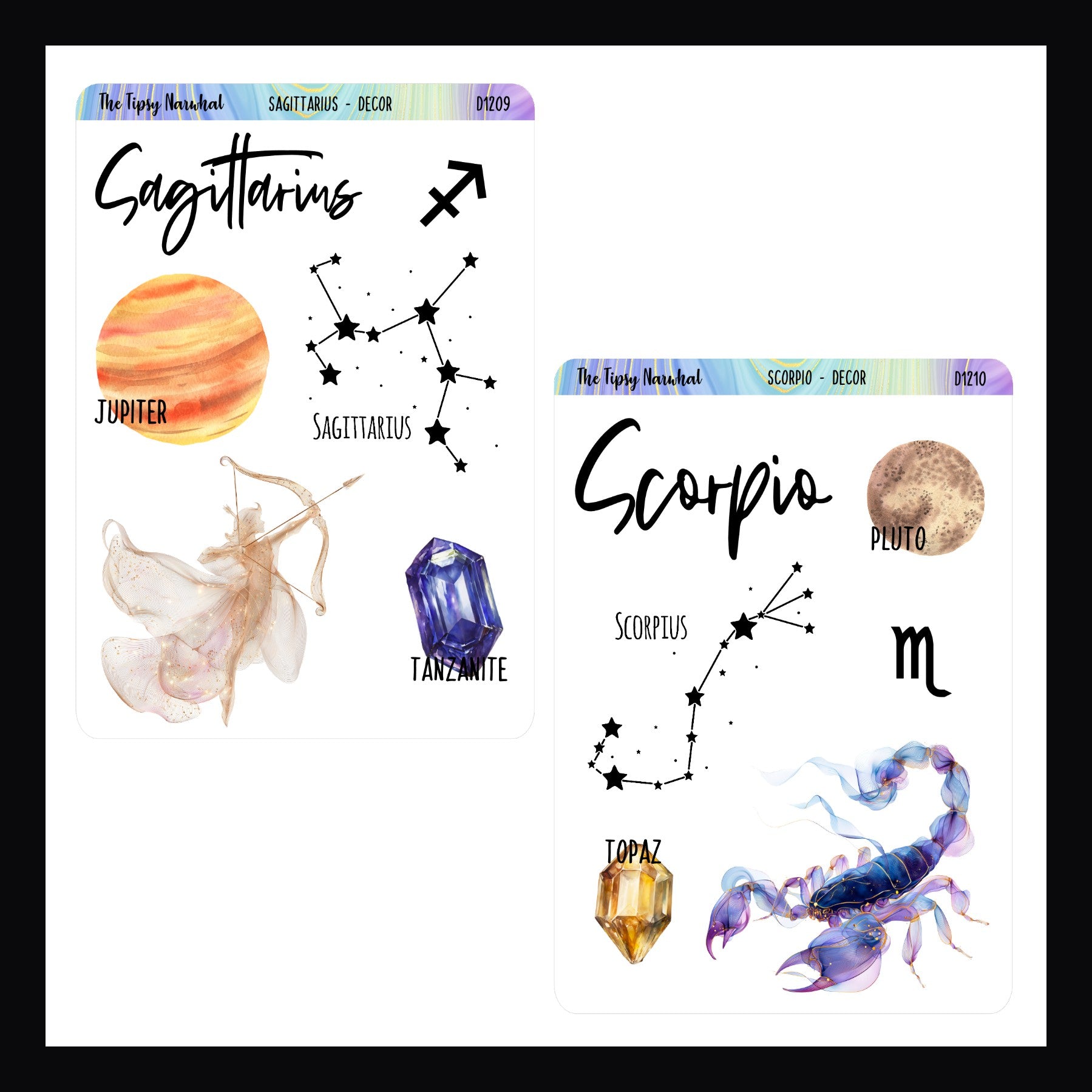  Sagittarius and Scorpio stickers with corresponding celestial bodies and gemstones on a white background.