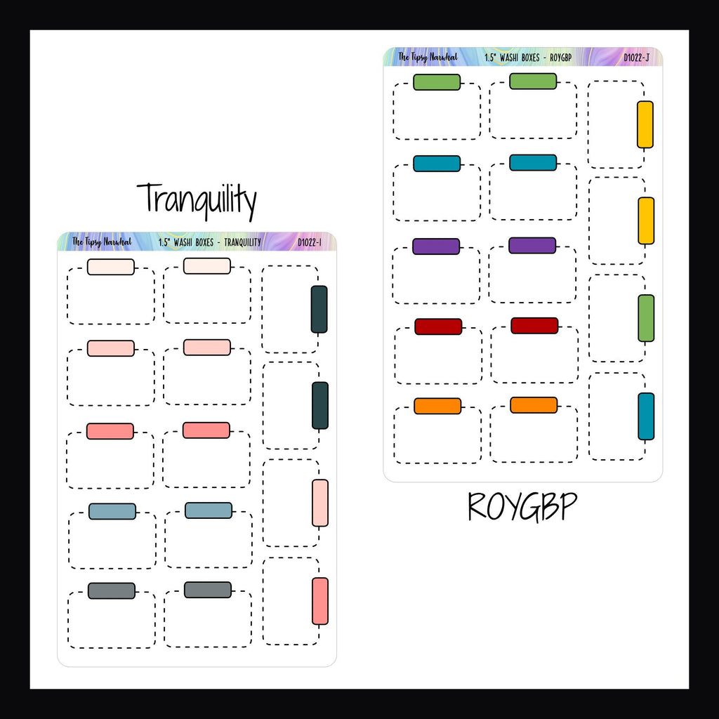Functional Stickers 1.5 inch Washi boxes tranquility and ROYGBP variants shown