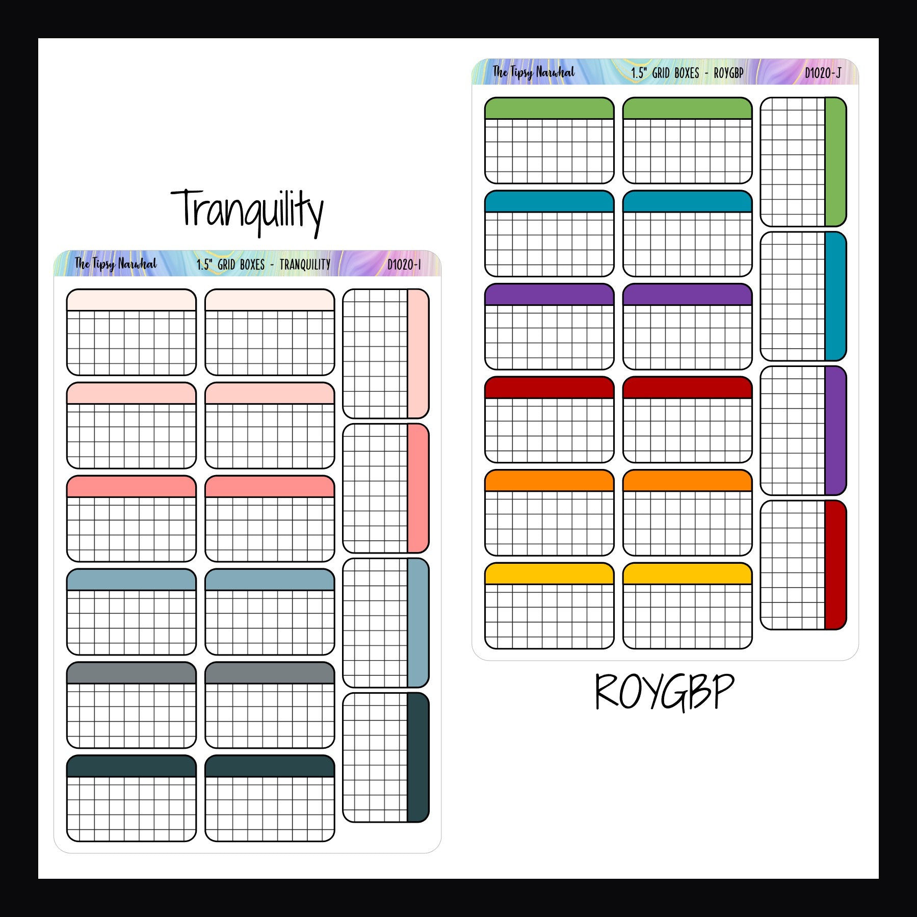 Functional Stickers 1.5 Inch Grid Boxes tranquility and ROYGBP variants shown