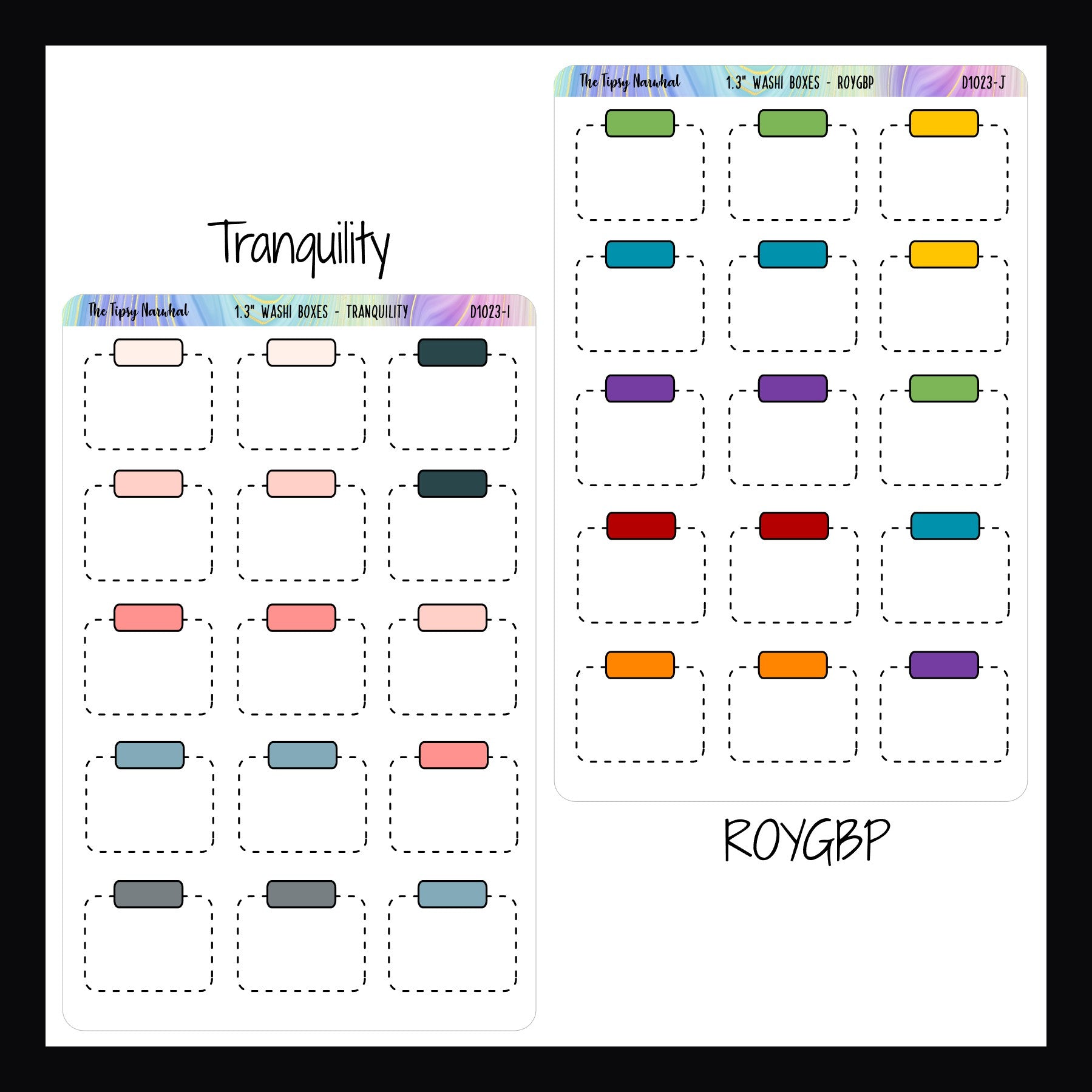 Functional Stickers - 1.3 Inch Washi Boxes tranquility and ROYGBP variants shown on a white background