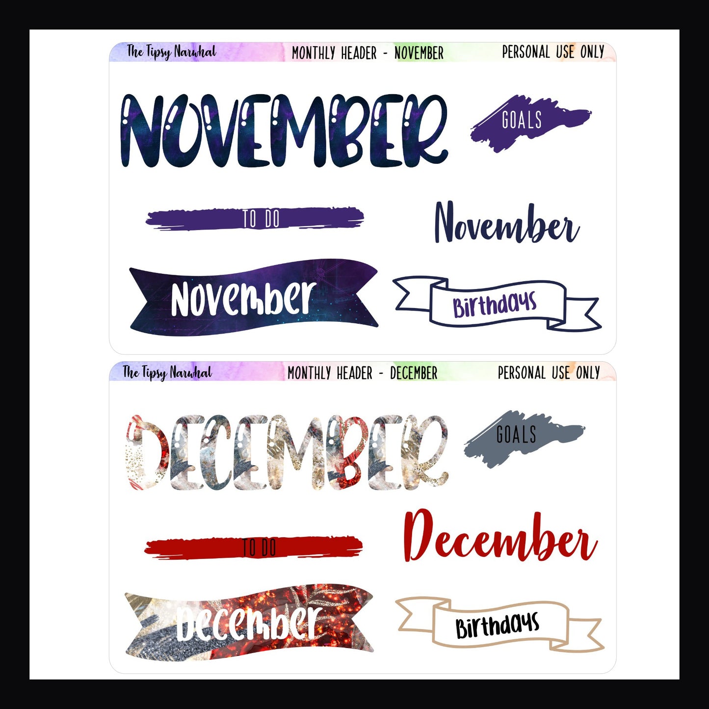 November title sheet, December title sheet, monthly titles, to dos, goals, birthdays, flags, scribbles, bubble letters