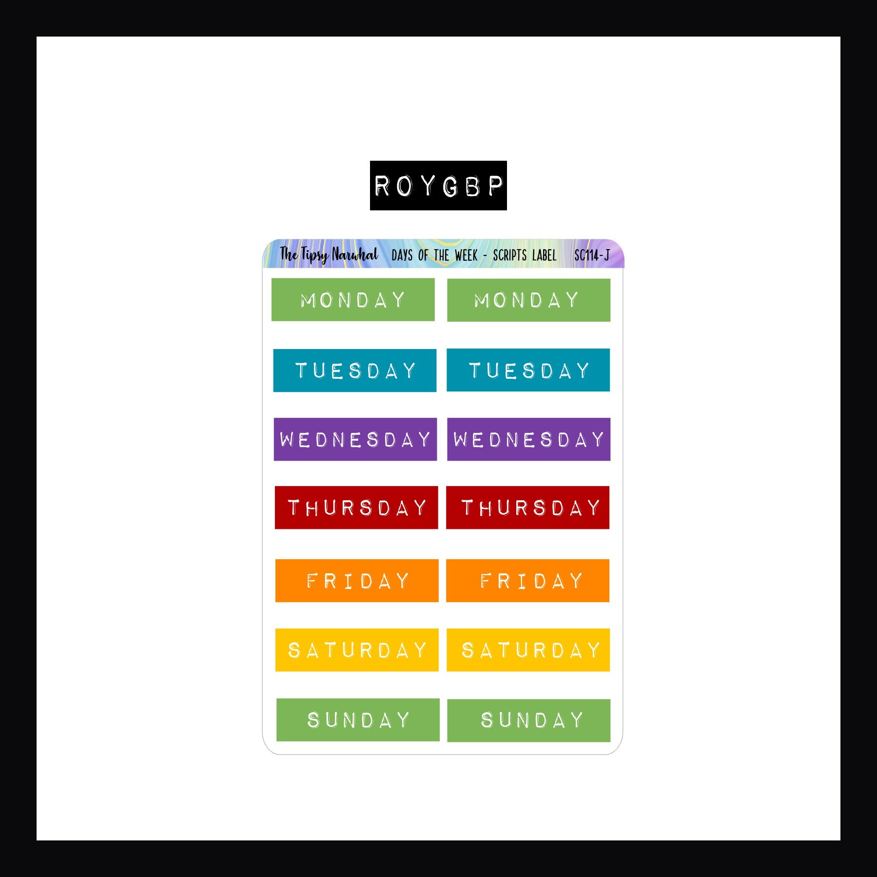 Days of the Week Embossed Label - Script Stickers