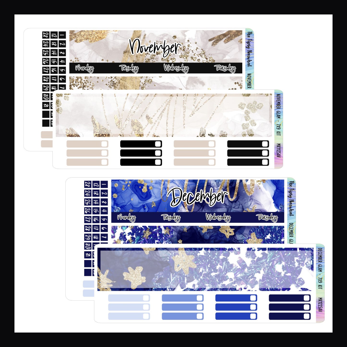 November and December 2025 Glam Monthly Kits for 7x9 vertical planners.  November features various tones of neutrals and black with gold accents.  December has a cobalt blue color palette with gold accents. 