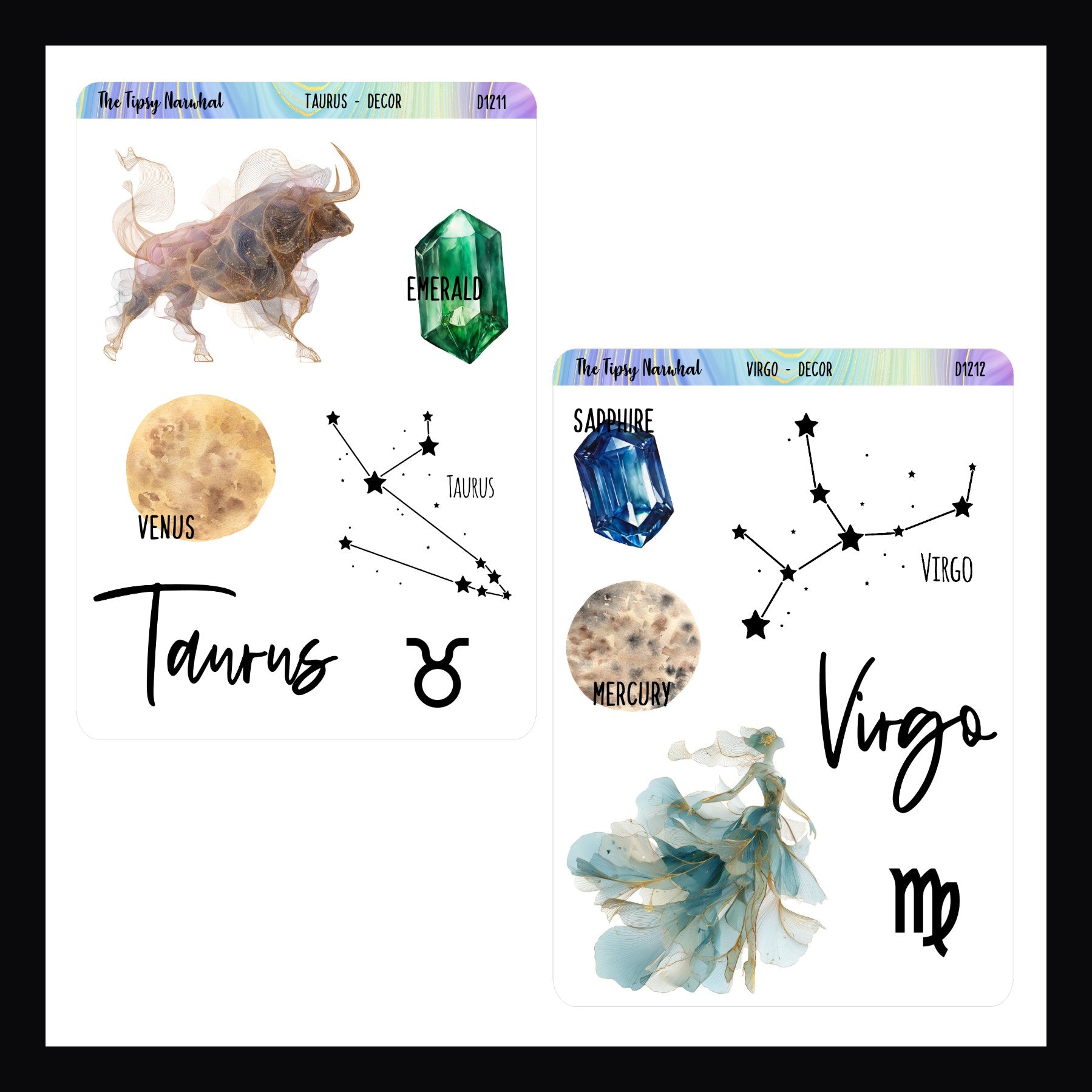 Decorative stickers with zodiac signs Taurus and Virgo, celestial elements, and gemstones on a white background.