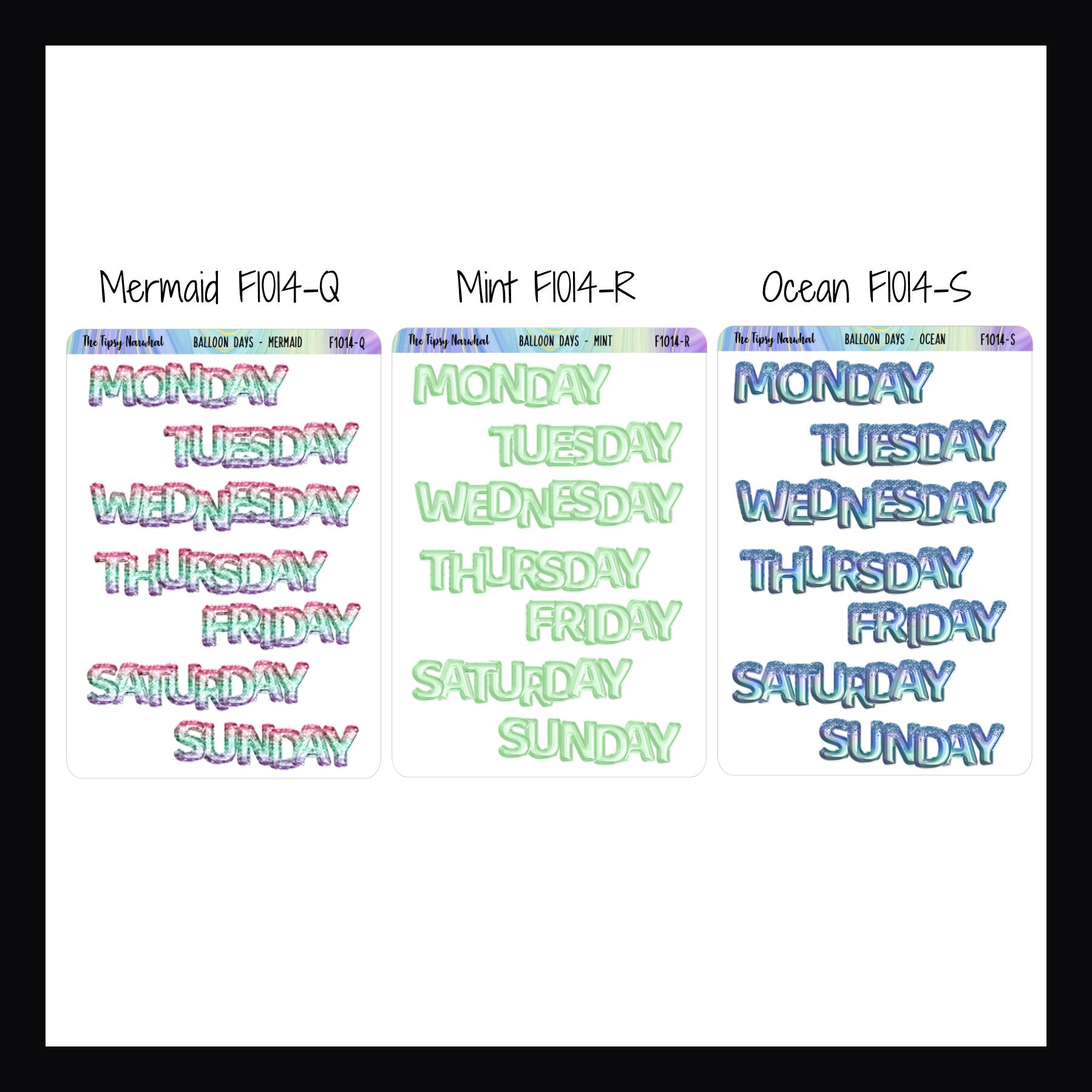 Small Daily Balloon Headers shown in Mermaid, Mint, and Ocean