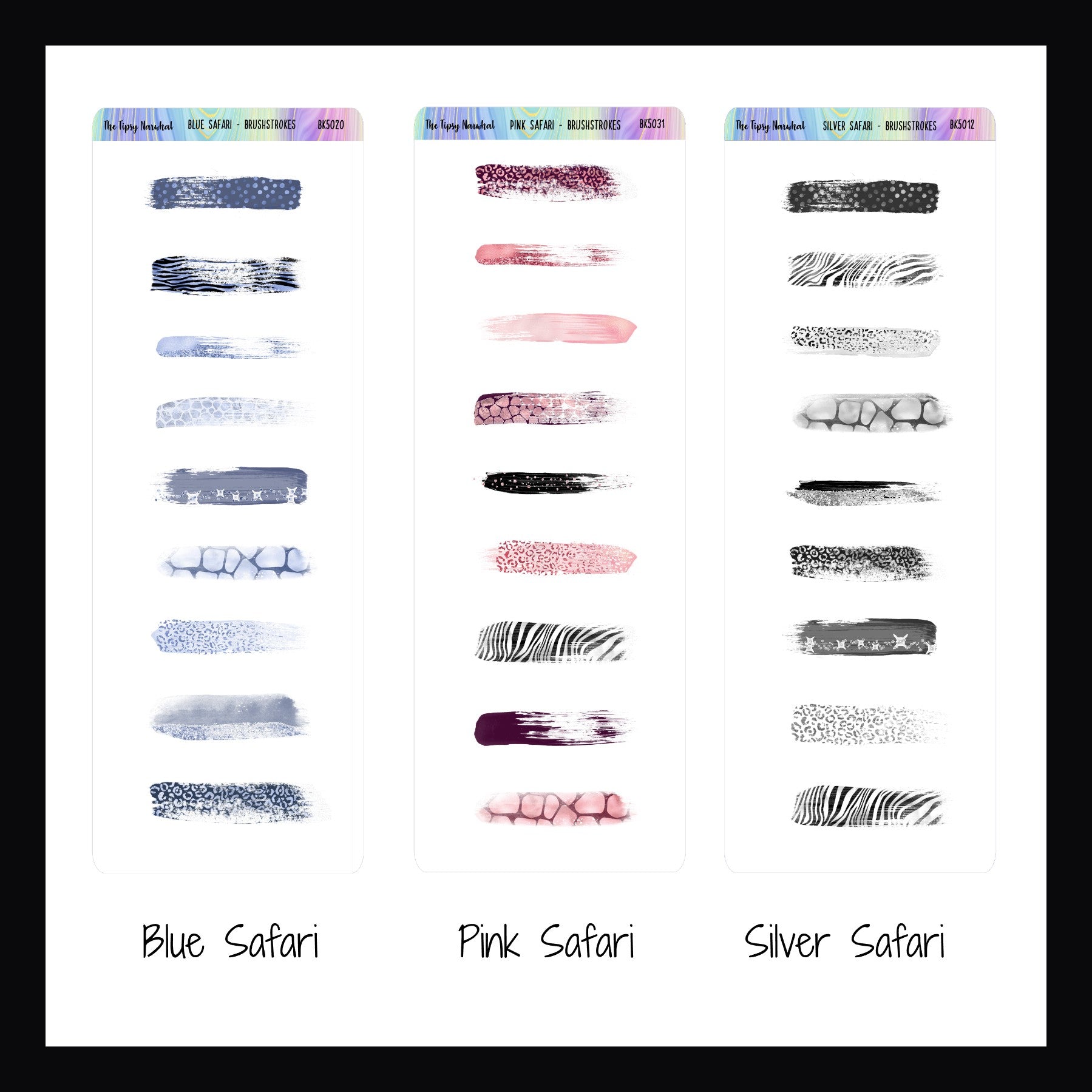 Brushstroke stickers labeled 'Blue Safari', 'Pink Safari', and 'Silver Safari' on a white background.
