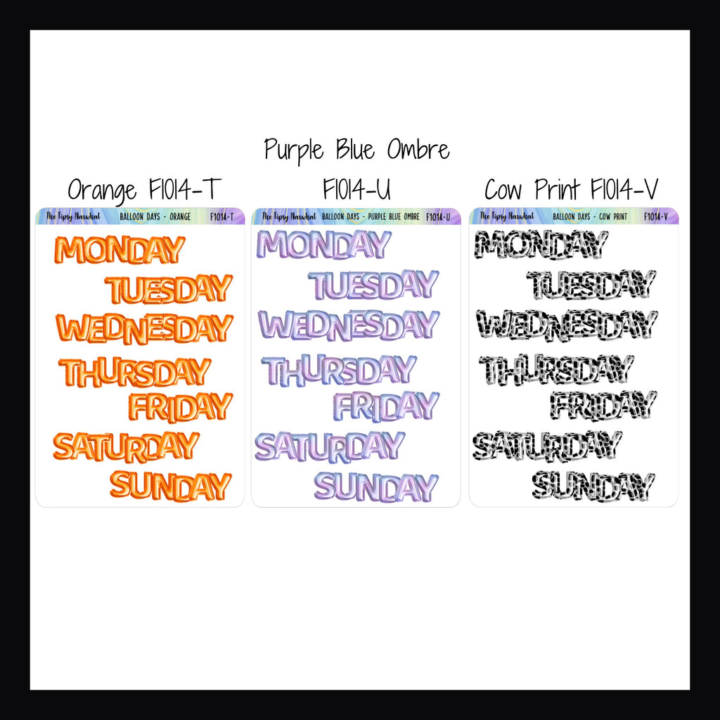 Small Daily Balloon Headers shown in Orange, Purple Blue Ombre, and Cow Print