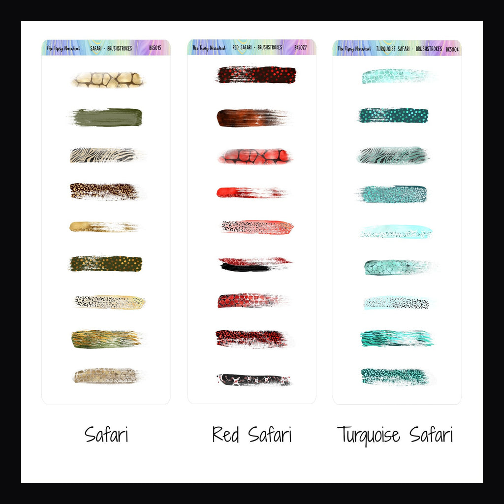 Brushstroke stickers labeled 'Safari', 'Red Safari', and 'Turquoise Safari' on a white background.