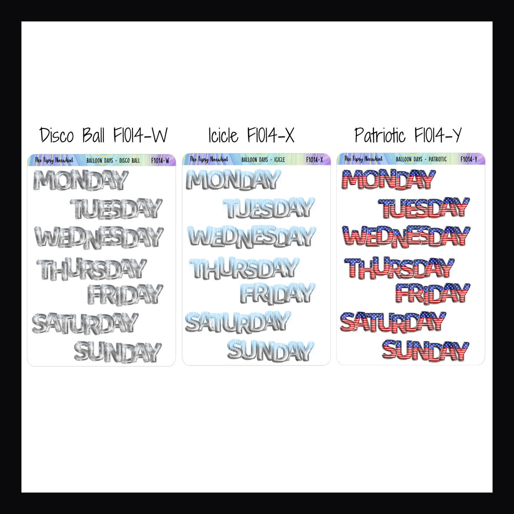 Small Daily Balloon Headers shown in Disco Ball, Icicle, and Patriotic