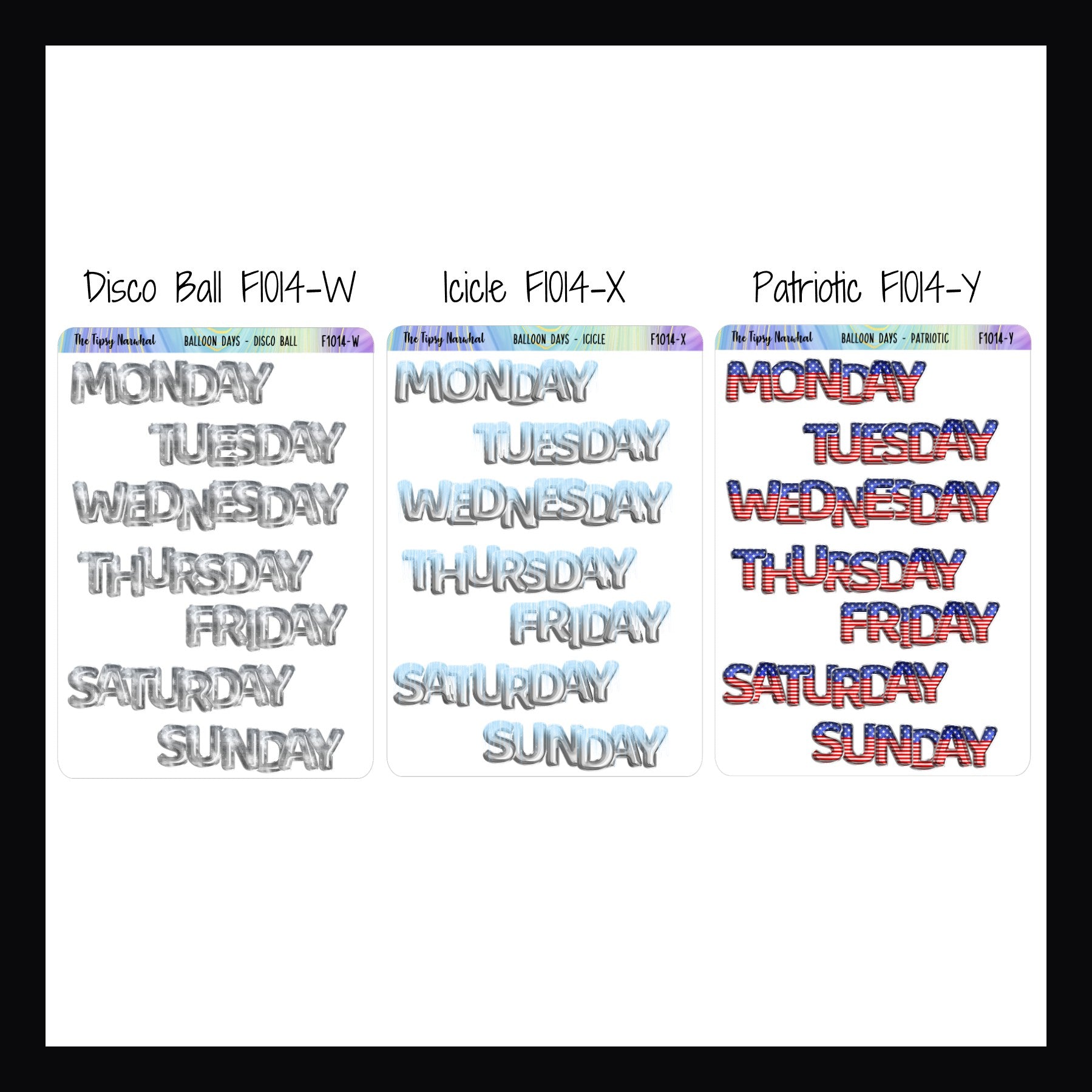 Small Daily Balloon Headers shown in Disco Ball, Icicle, and Patriotic