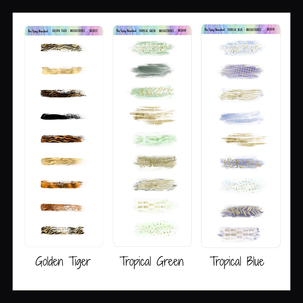 Brushstroke stickers labeled 'Golden Tiger', 'Tropical Green', and 'Tropical Blue' on a white background.