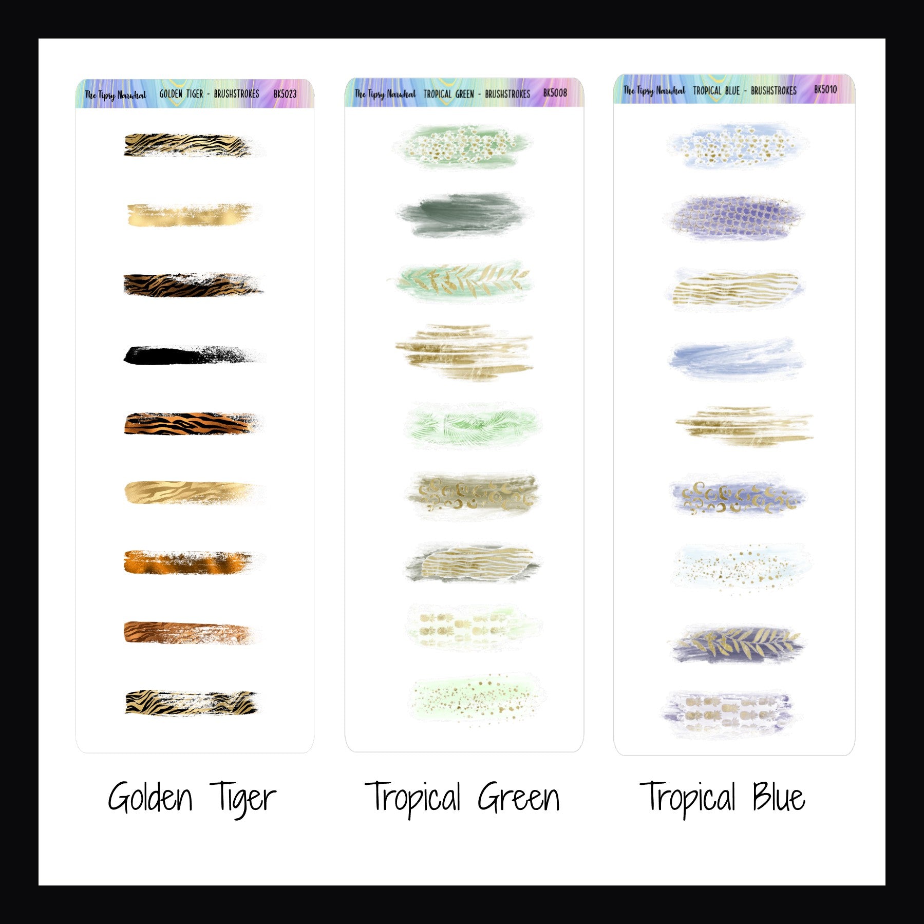 Brushstroke stickers labeled 'Golden Tiger', 'Tropical Green', and 'Tropical Blue' on a white background.