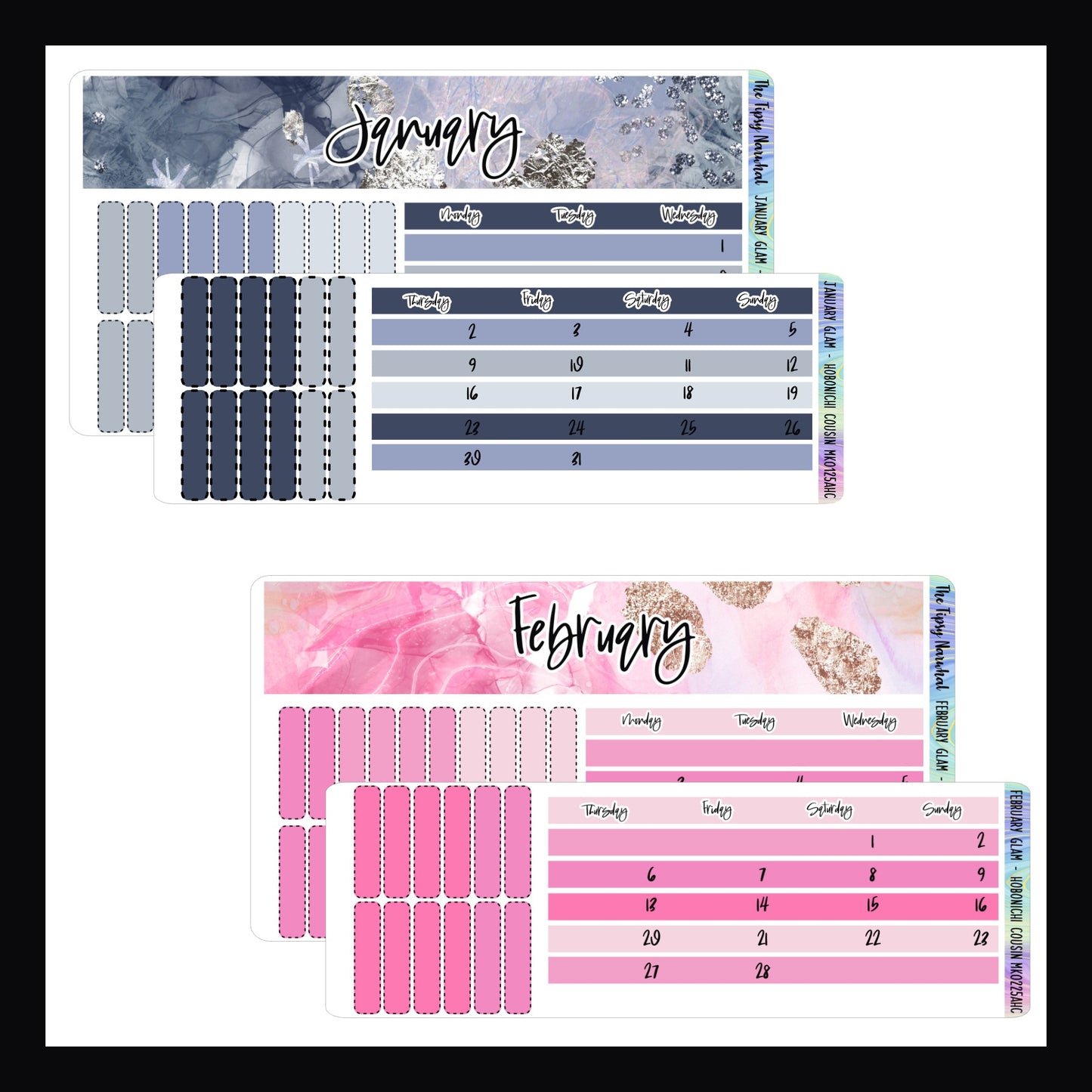 January and February Glam Monthly Kits for Hobonichi Cousin.  January features an icy blue theme with silver accents.  February is a candy pink theme with gold accents. 