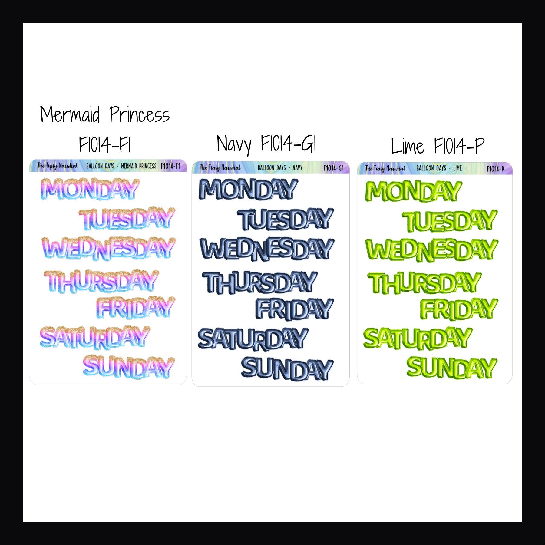 Small Daily Balloon Headers shown in Mermaid Princess, Navy, and Lime