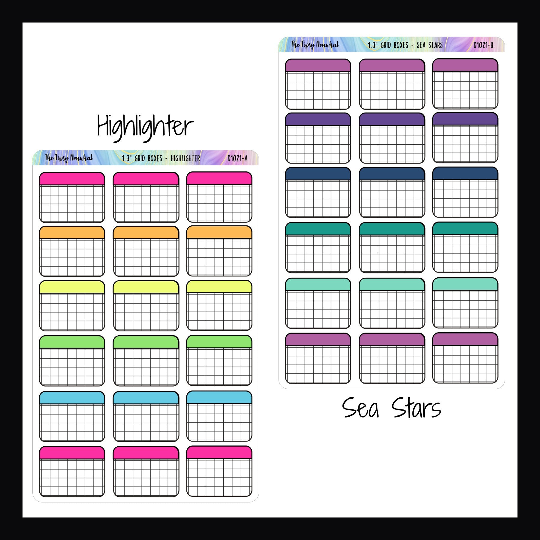 functional stickers -  1.3 inch grid boxes highlighter and sea stars variants shown