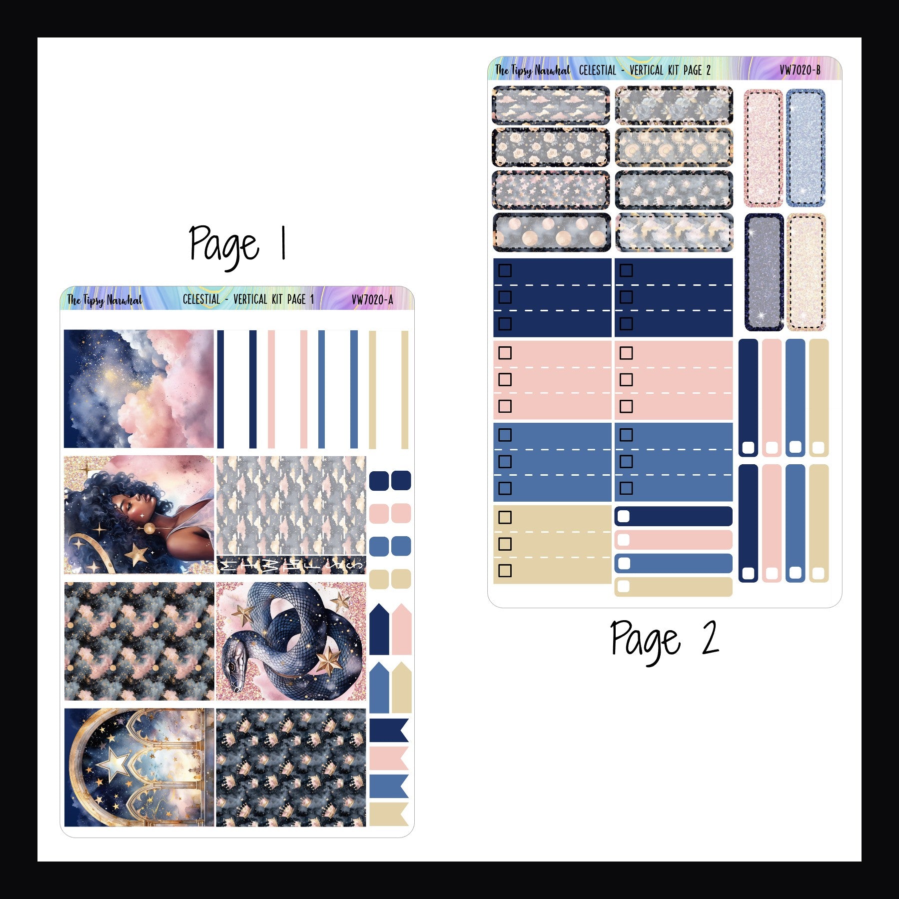 Celestial Vertical Kit Page 1 and 2 on a white background. Page one features full box decor.  Second page features quarter box stickers, skinny stickers and checklist stickers. 