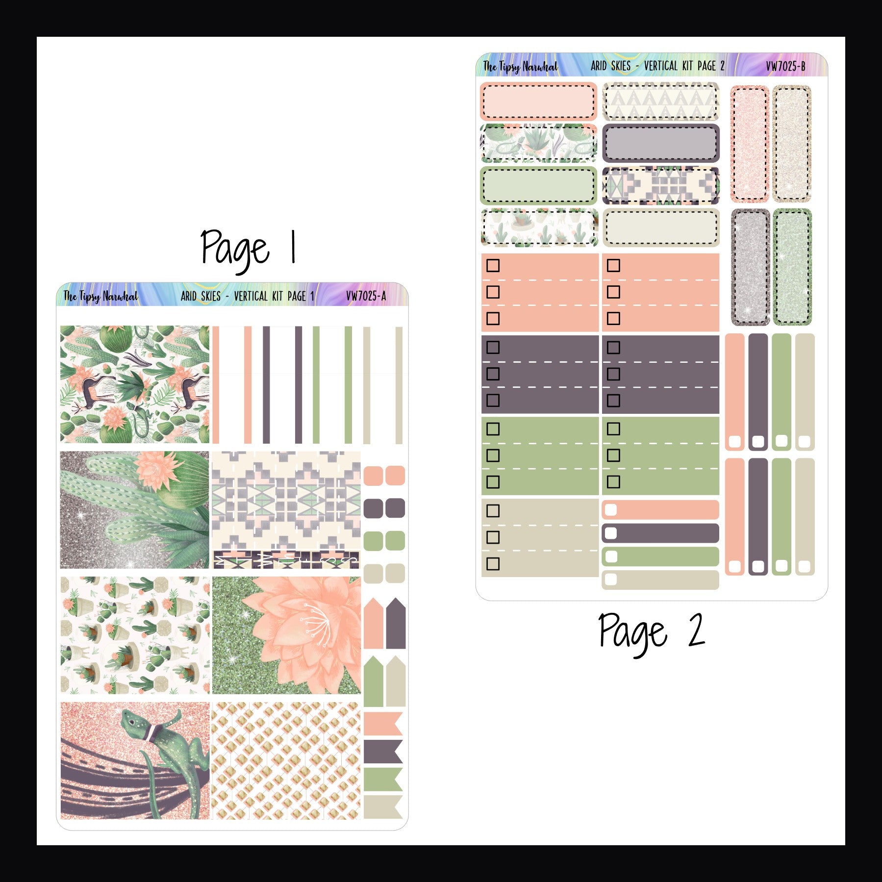 Two pages of planner stickers with various designs on a white background