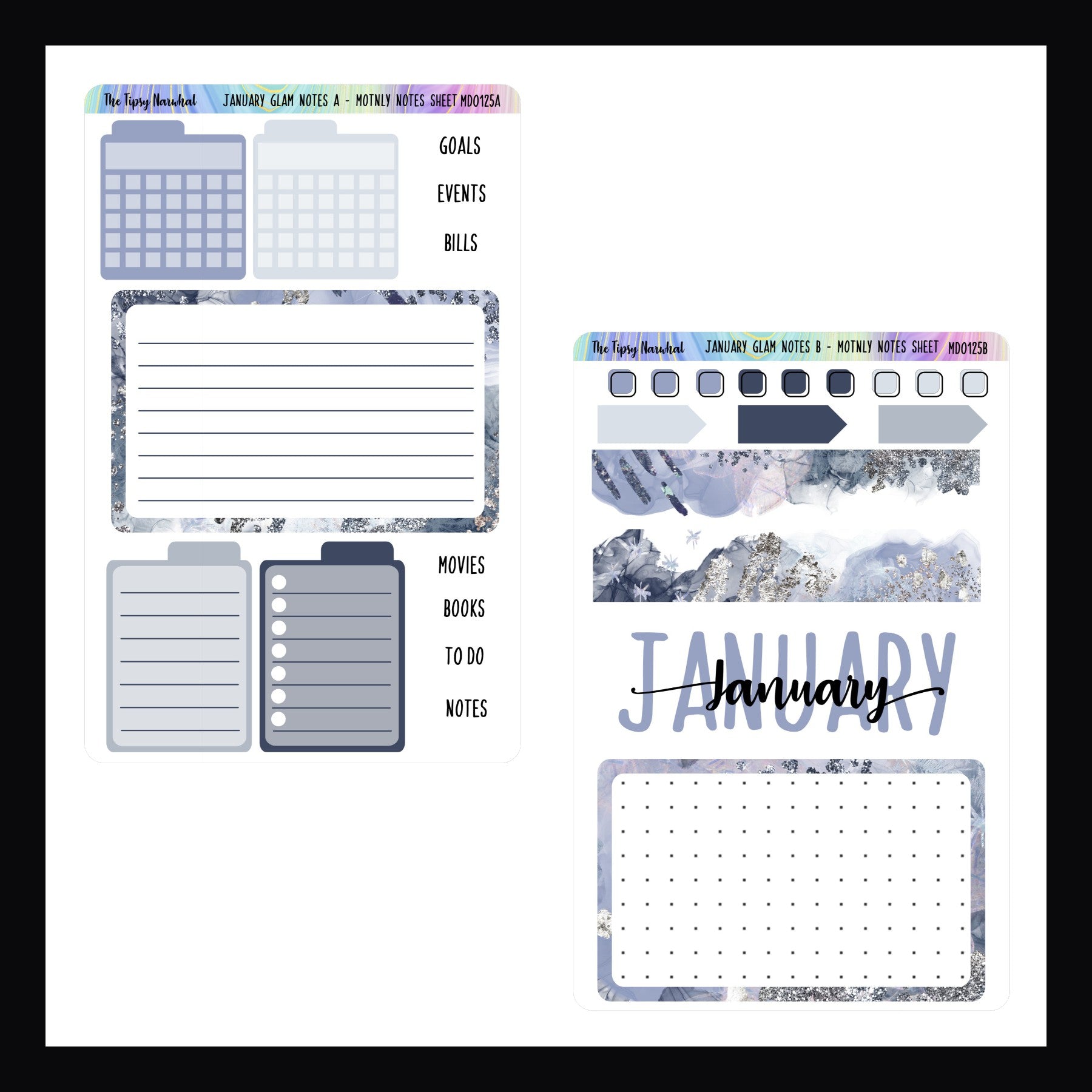 January Glam Monthly Note Kit features 2 sticker sheets.  The first sheet features two monthly habit tracker, two small lined stickers, one large lined sticker, and various script stickers.  The second sheet features check boxes, page flags, washi strips, and large dot grid sticker and a monthly heading sticker.