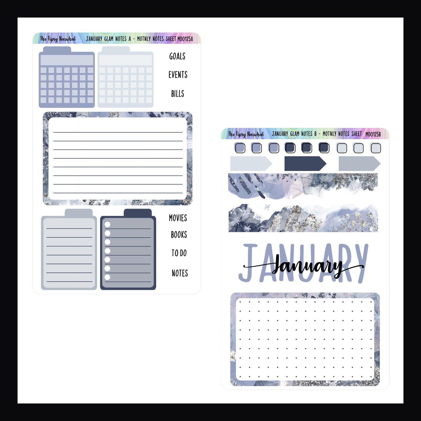 January Glam Monthly Note Kit features 2 sticker sheets.  The first sheet features two monthly habit tracker, two small lined stickers, one large lined sticker, and various script stickers.  The second sheet features check boxes, page flags, washi strips, and large dot grid sticker and a monthly heading sticker. 