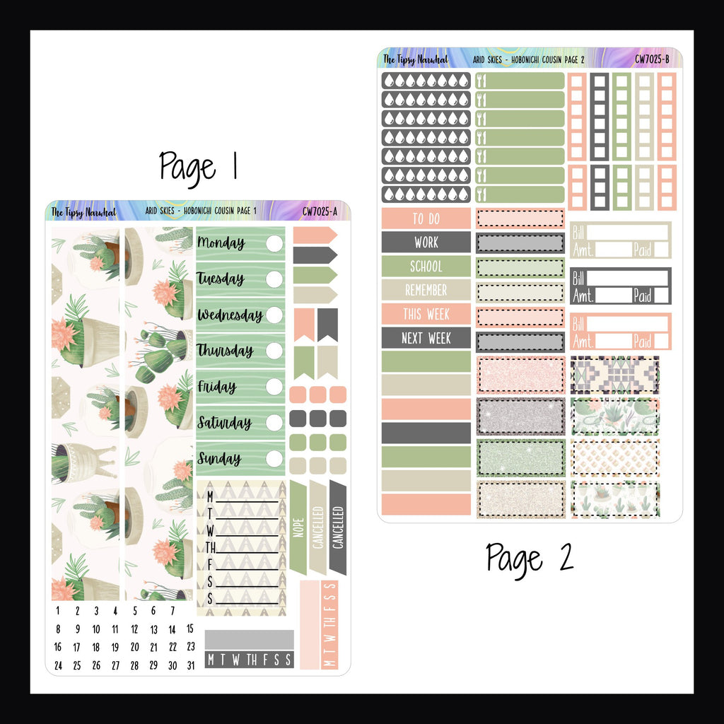 Two pages of planner stickers with various designs and text.
