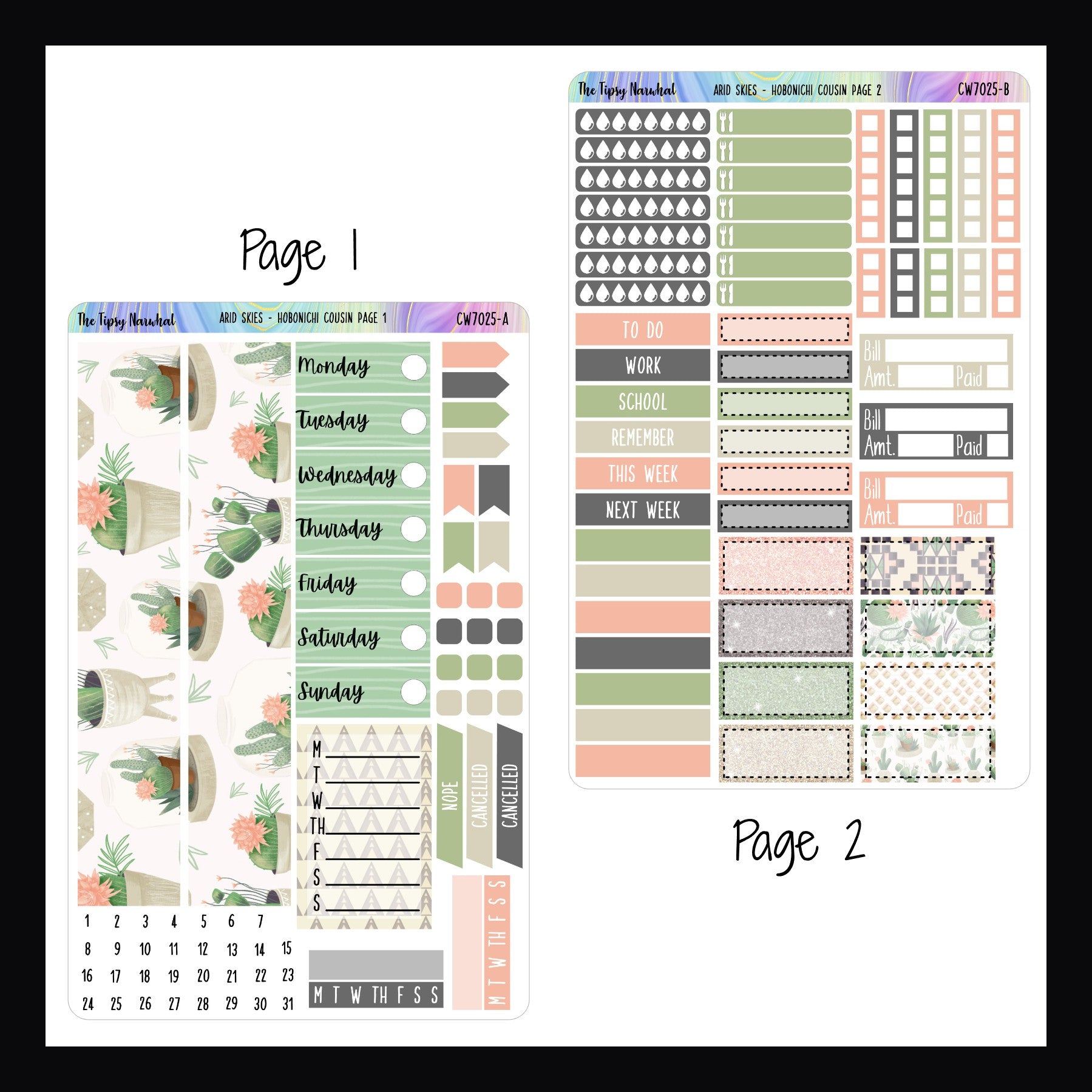 Two pages of planner stickers with various designs and text.