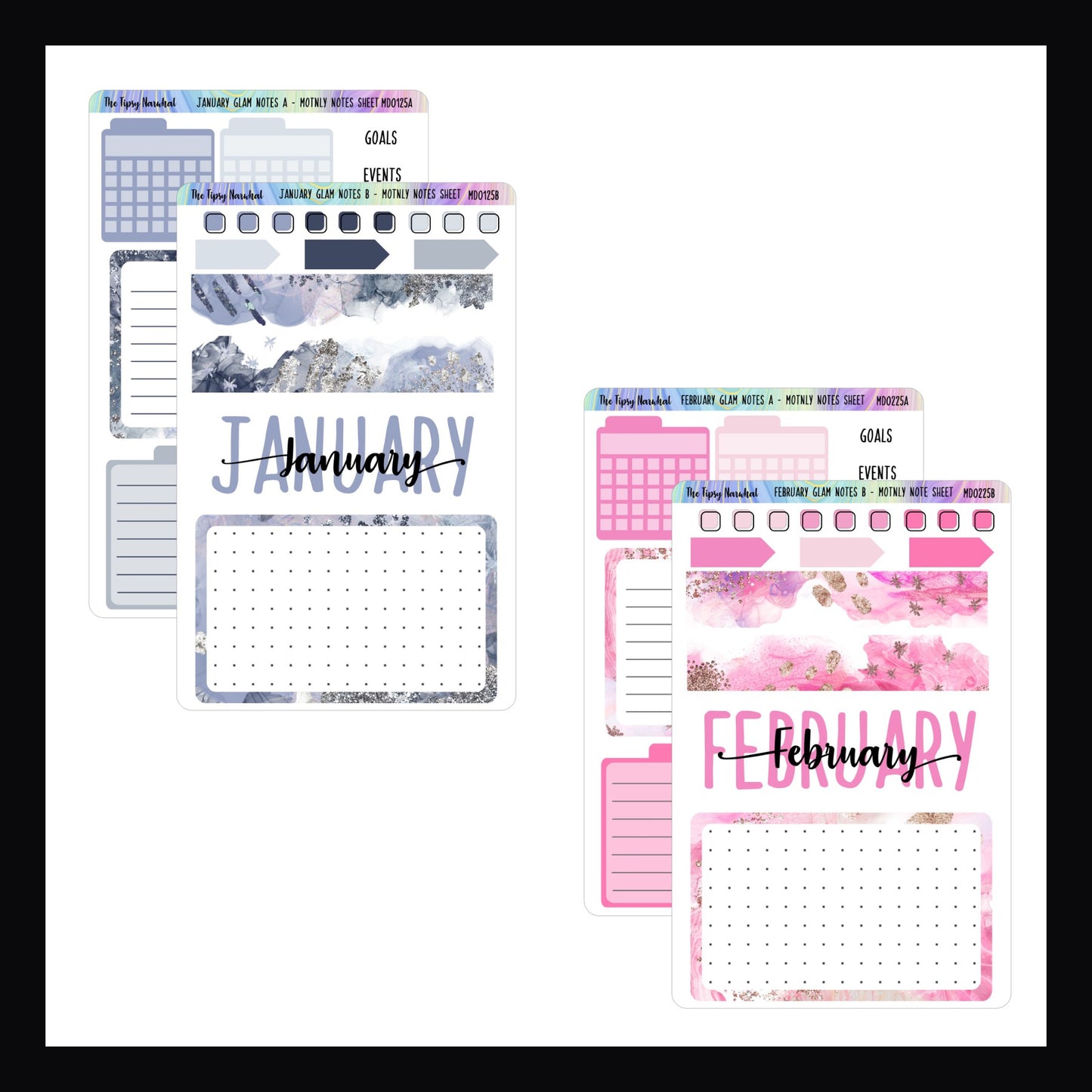 January and February Monthly Note Page Kits.  January features an icy blue color scheme.  February features a candy pink color palette. 