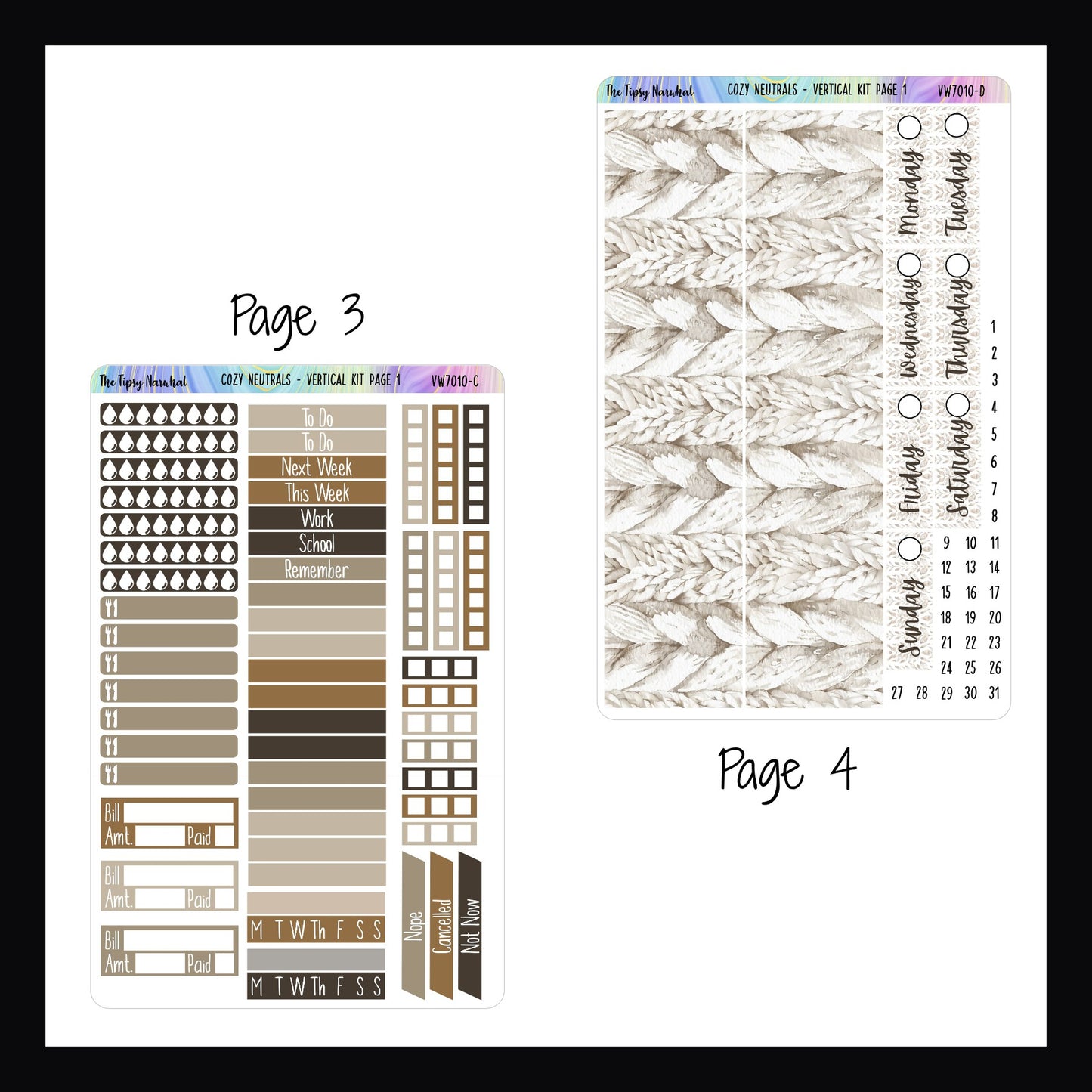 Cozy Neutrals Vertical Kit pages 3 and 4.  Page 3 features headers, checklists bill, habit tracking, meal and hydrations stickers as well as cancellation stickers.  Page 4 features washi and date covers. 