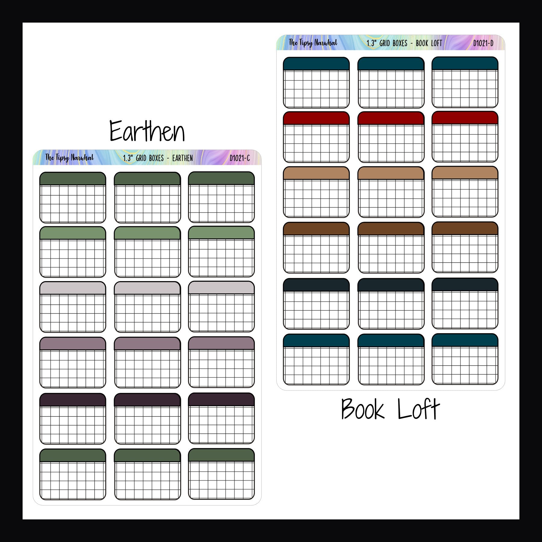 functional stickers 1.3 inch grid boxes earthen and book loft variants shown