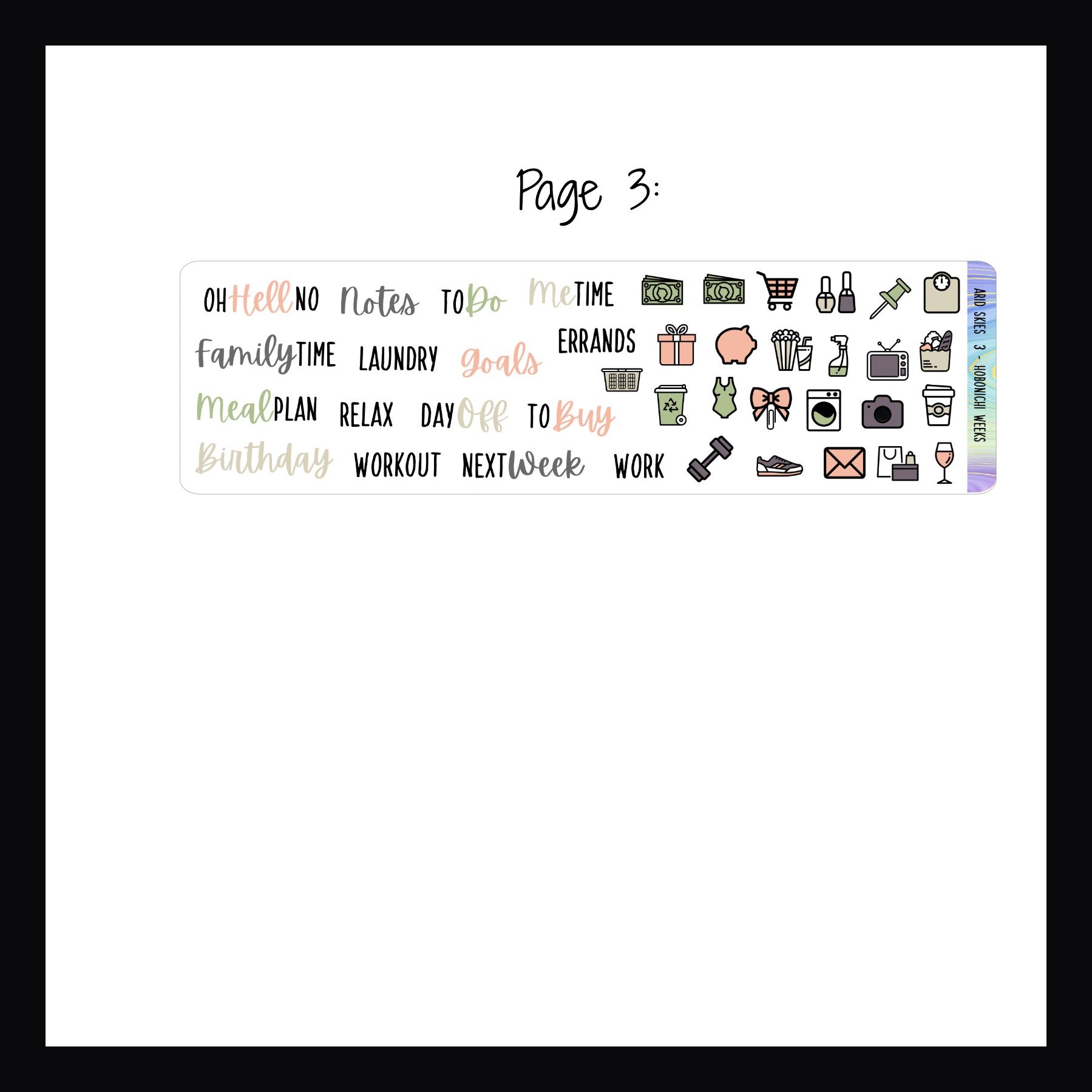 Planner sticker sheet with various icons and text on a white background