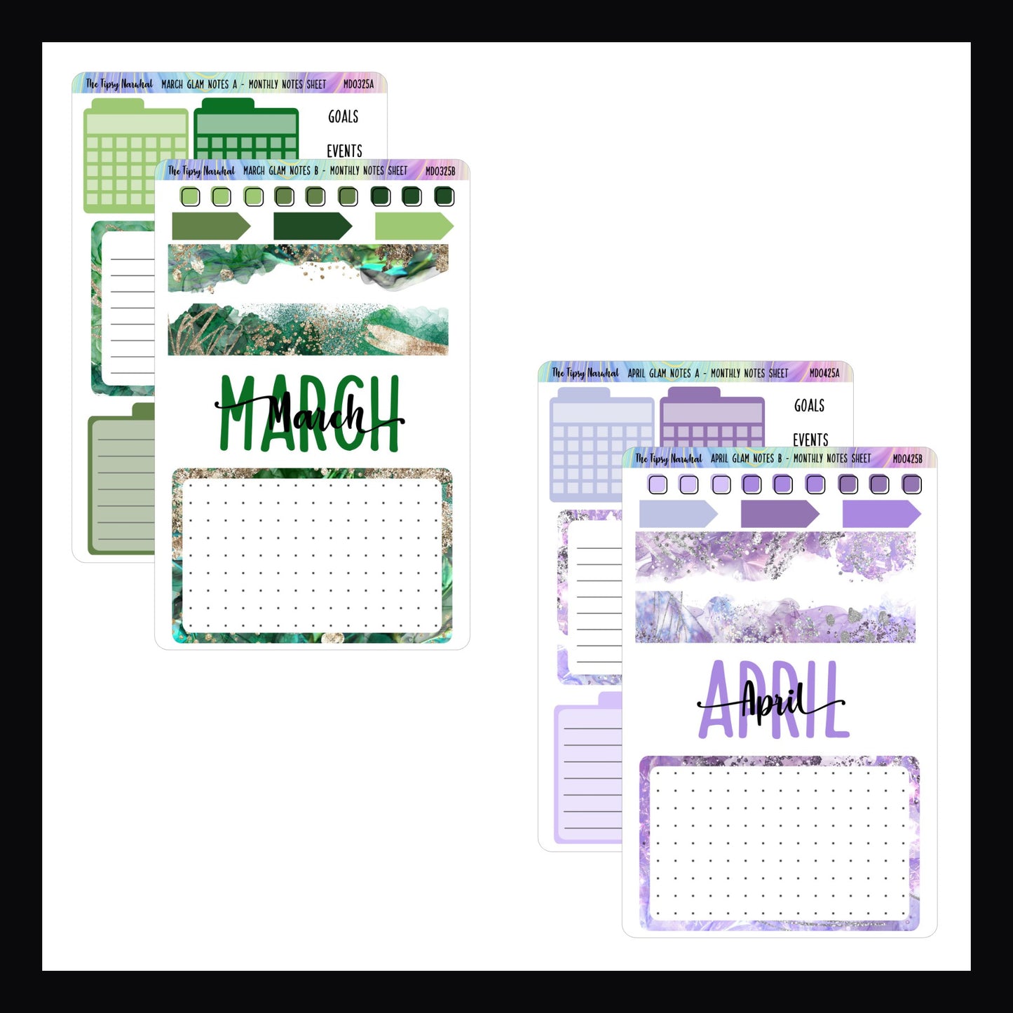 March and April Monthly Note Page Kits.  March's color palette is various greens.  April features a lilac color palette. 