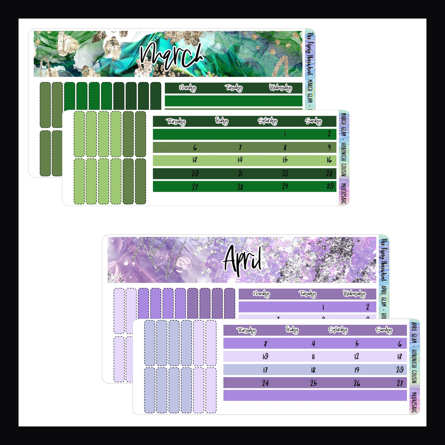 March and April Glam Monthly Kits for Hobonichi Cousin.  March features a green color palette with gold accents.  April features a lilac color palette with silver glitter accents. 