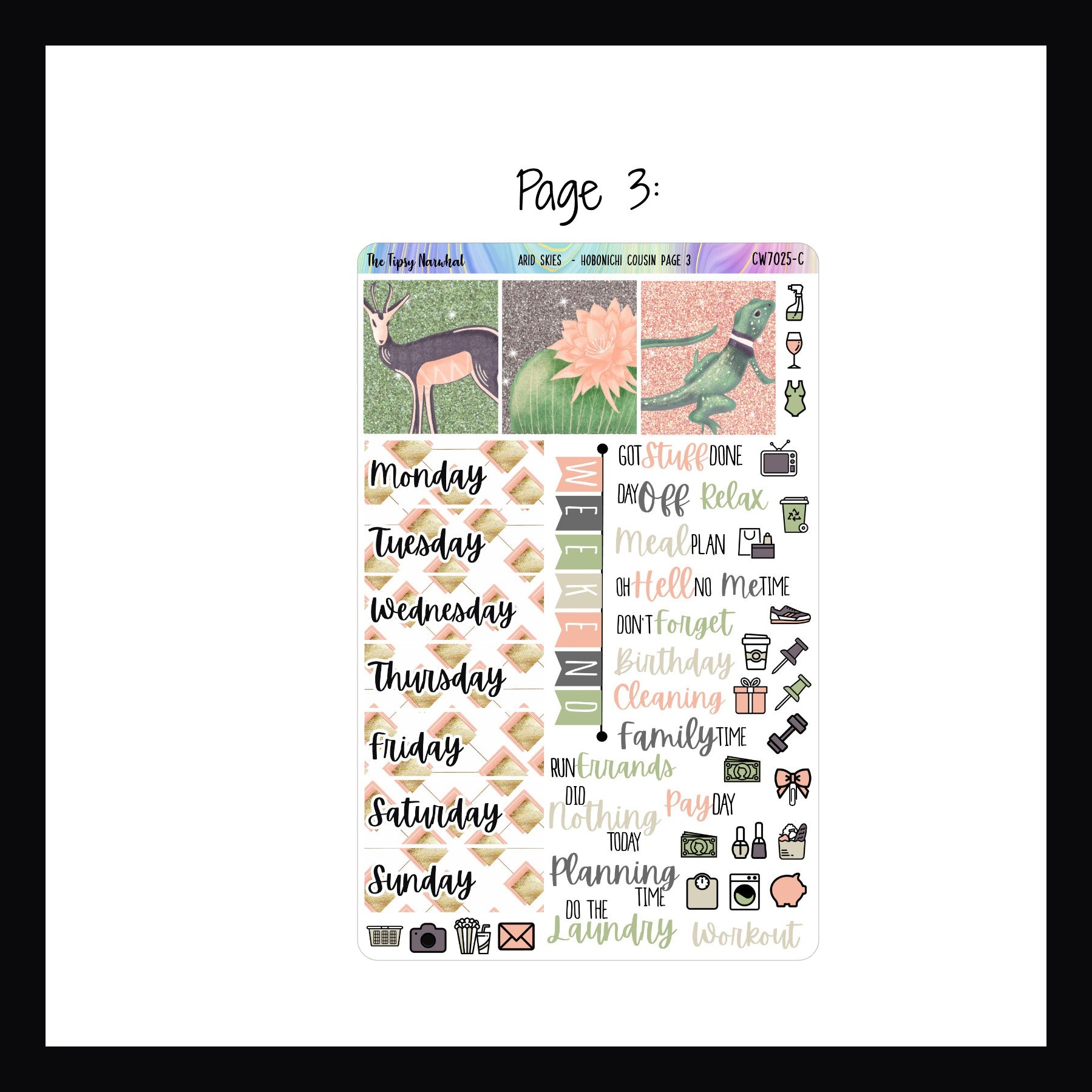 Sheet of planner stickers with various designs and text on a white background