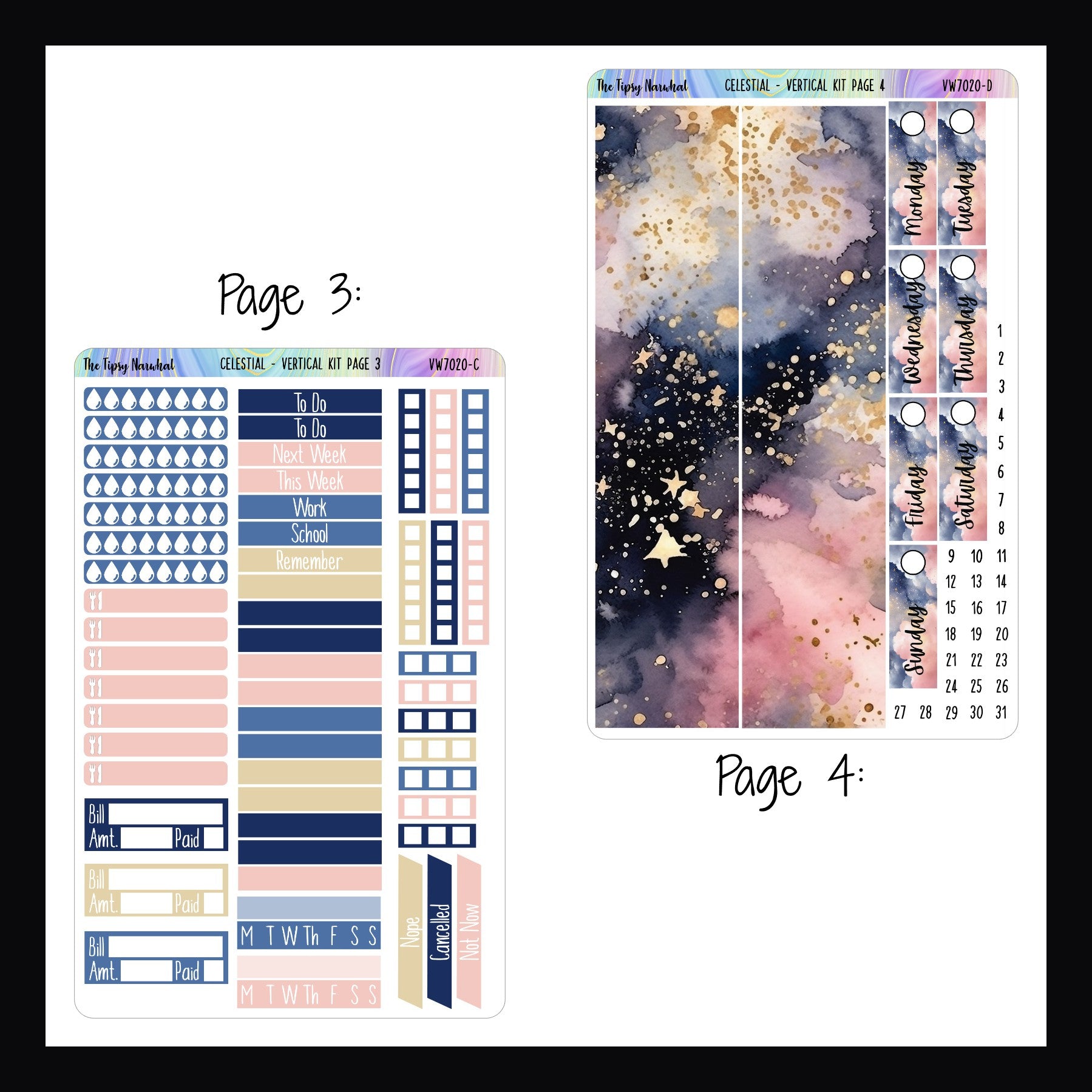 Celestial Vertical Kit Pages 3 and 4 on a white background. Page 3 features headers, tracking stickers, and checklist stickers.  Page 4 features a starry washi design and date covers. 