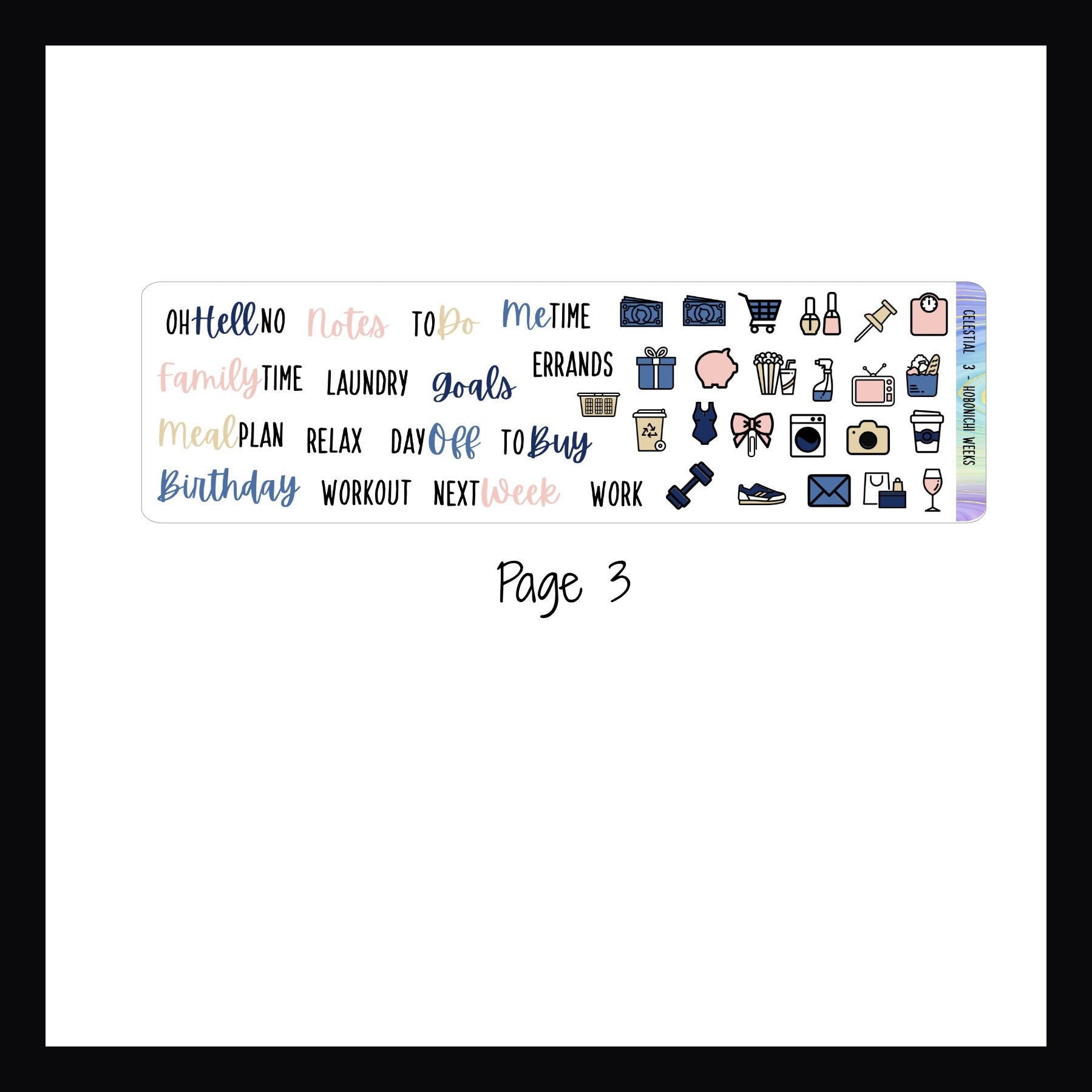 Celestial Hobonichi Weeks page 3 on a white background. Page 3 features various icon and script stickers.